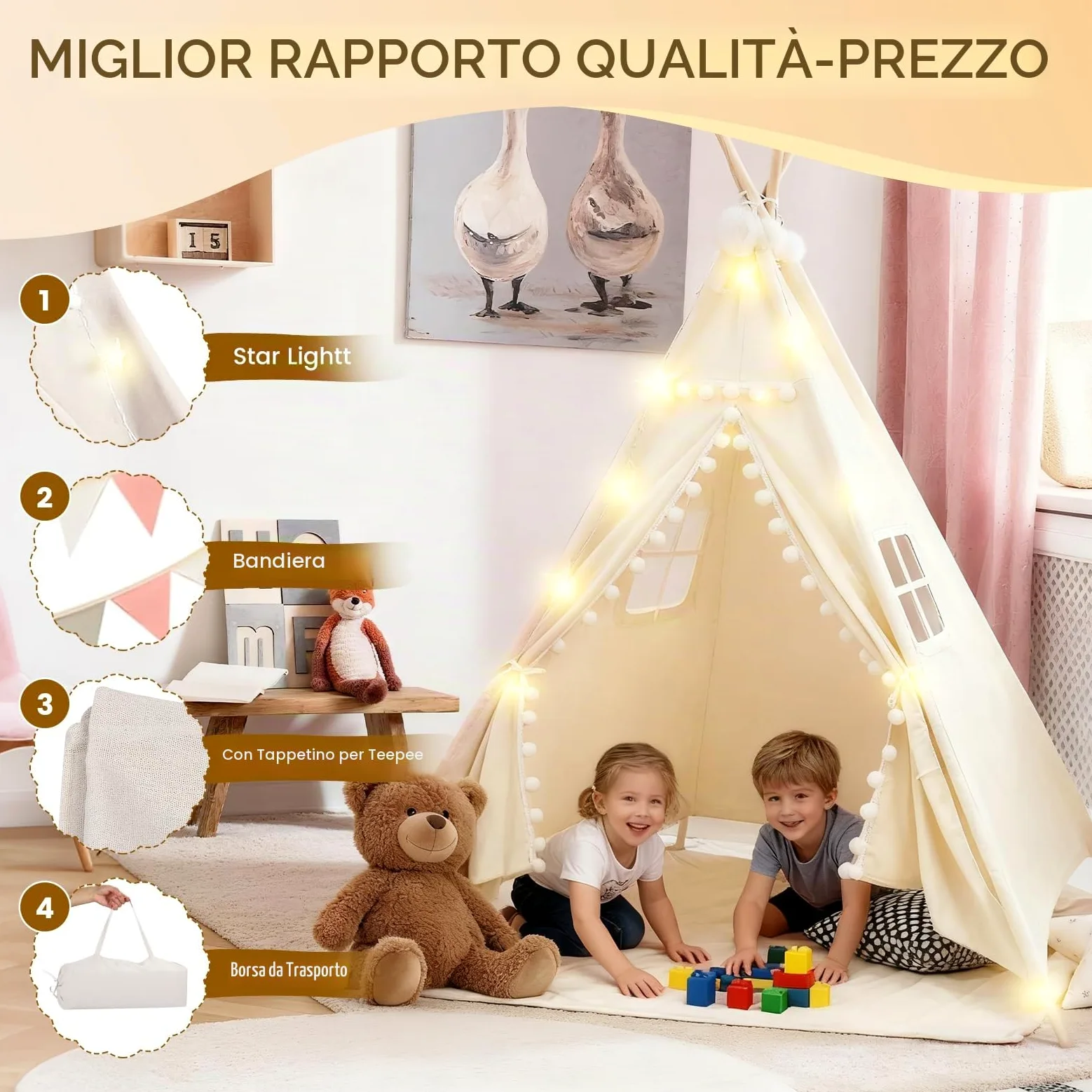 Tenda per Bambini, 120x140 cm Tenda Indiana Bambini per Cameretta, Castello Giochi per Bambini in Tela,Tenda Indiano con Lucine e Borsa Portaoggetti per Uso Interno o Esterno