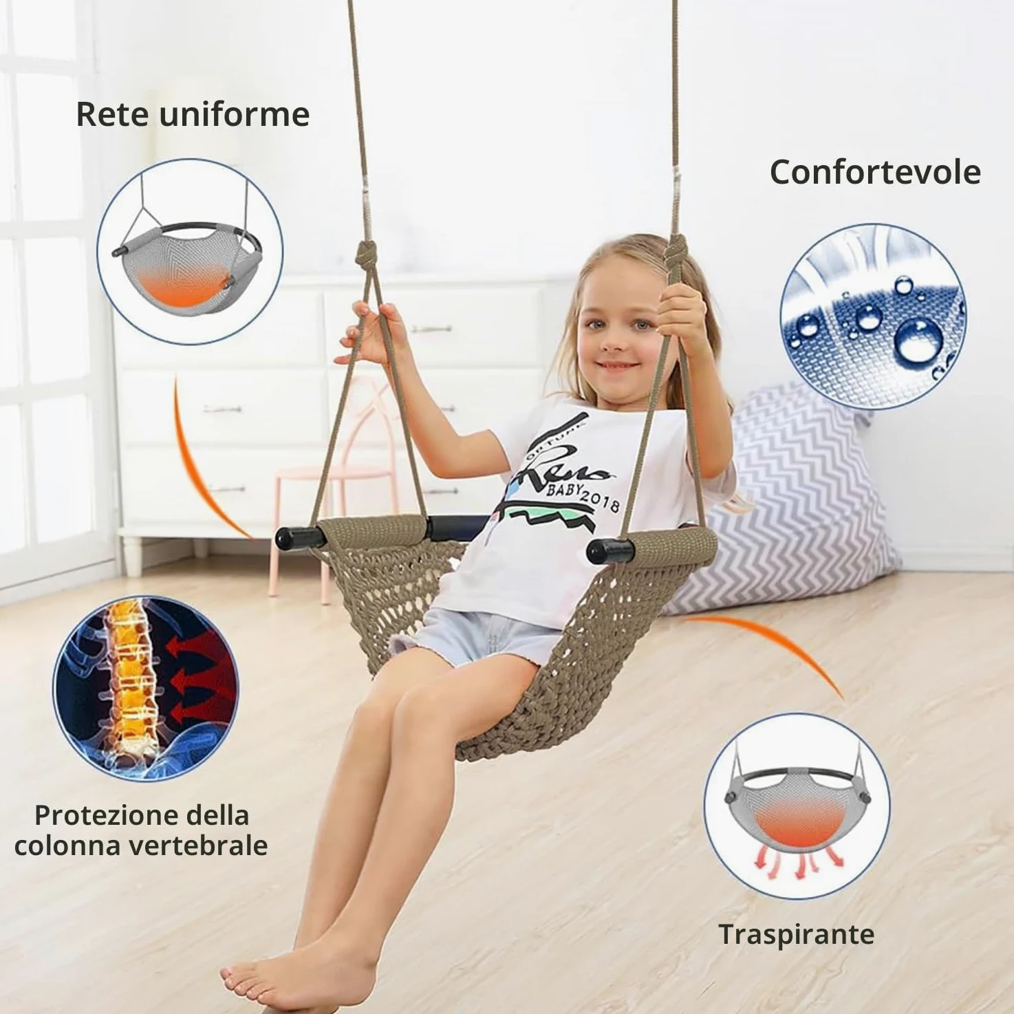 Altalena da Giardino per Bambini con Corde Regolabili, Altalena Per Bambini Lavorata A Mano, Ideale Per Alberi, Interni All'aperto, Parco Giochi, Cortile (KHAKI)