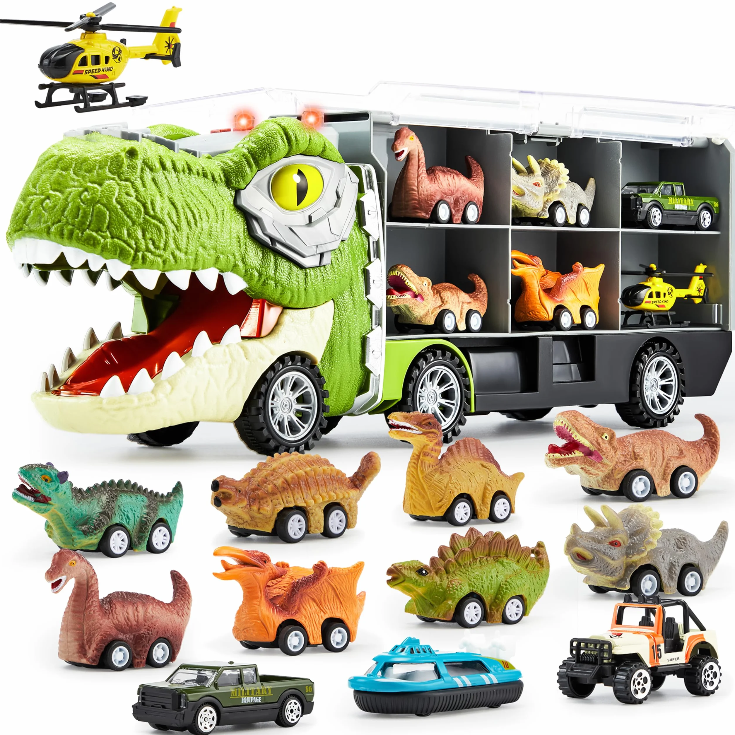 JOYIN 13 Pcs Dinosaur Toy Car Transporter for Kids, con 12 veicoli dinosauro retrattili, 1 camion trasporto dinosauri giocattolo con musica, suoni, luci, 1 elicottero
