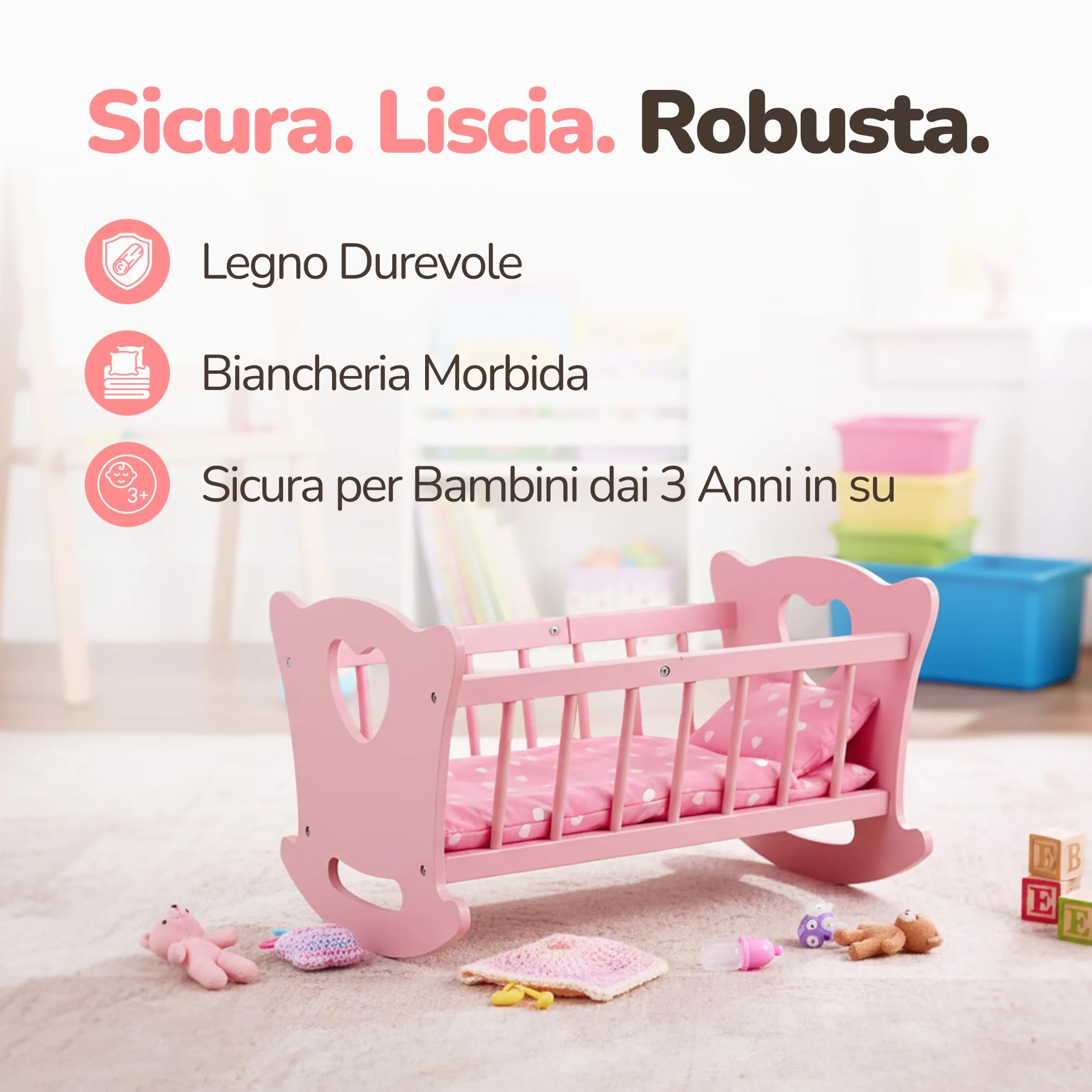 Kinderplay Culla per bambole in legno con biancheria da letto, letto a dondolo per bambole fino a 49,5 cm, giocattolo sostenibile in legno per ragazze dai 3 anni in su, letto per bambole con materasso