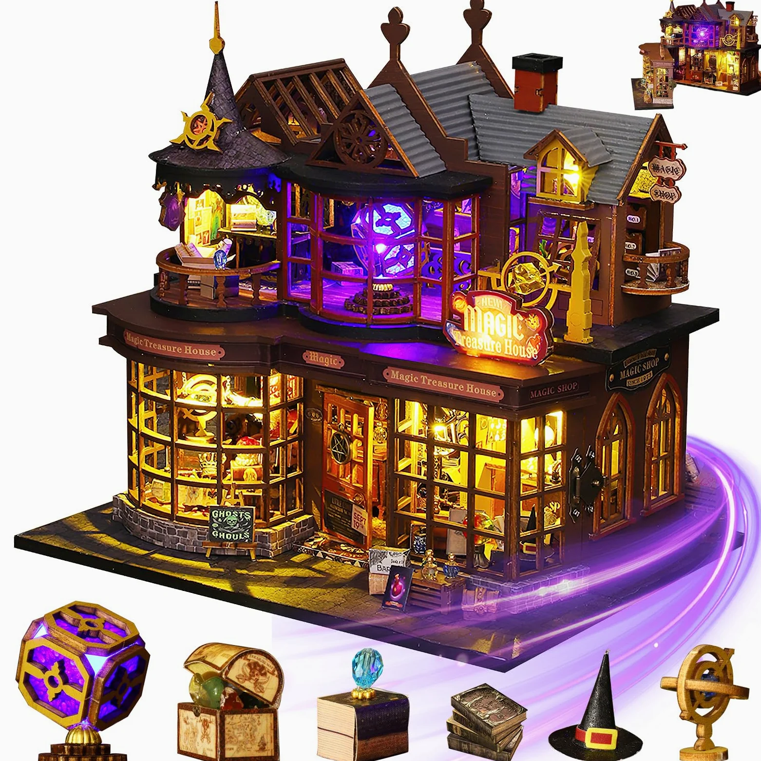 Mostop Casetta in miniatura fai da te, in legno, in miniatura, con luce LED, idea creativa per adulti, magica casa fai da te (Magic Treasure)