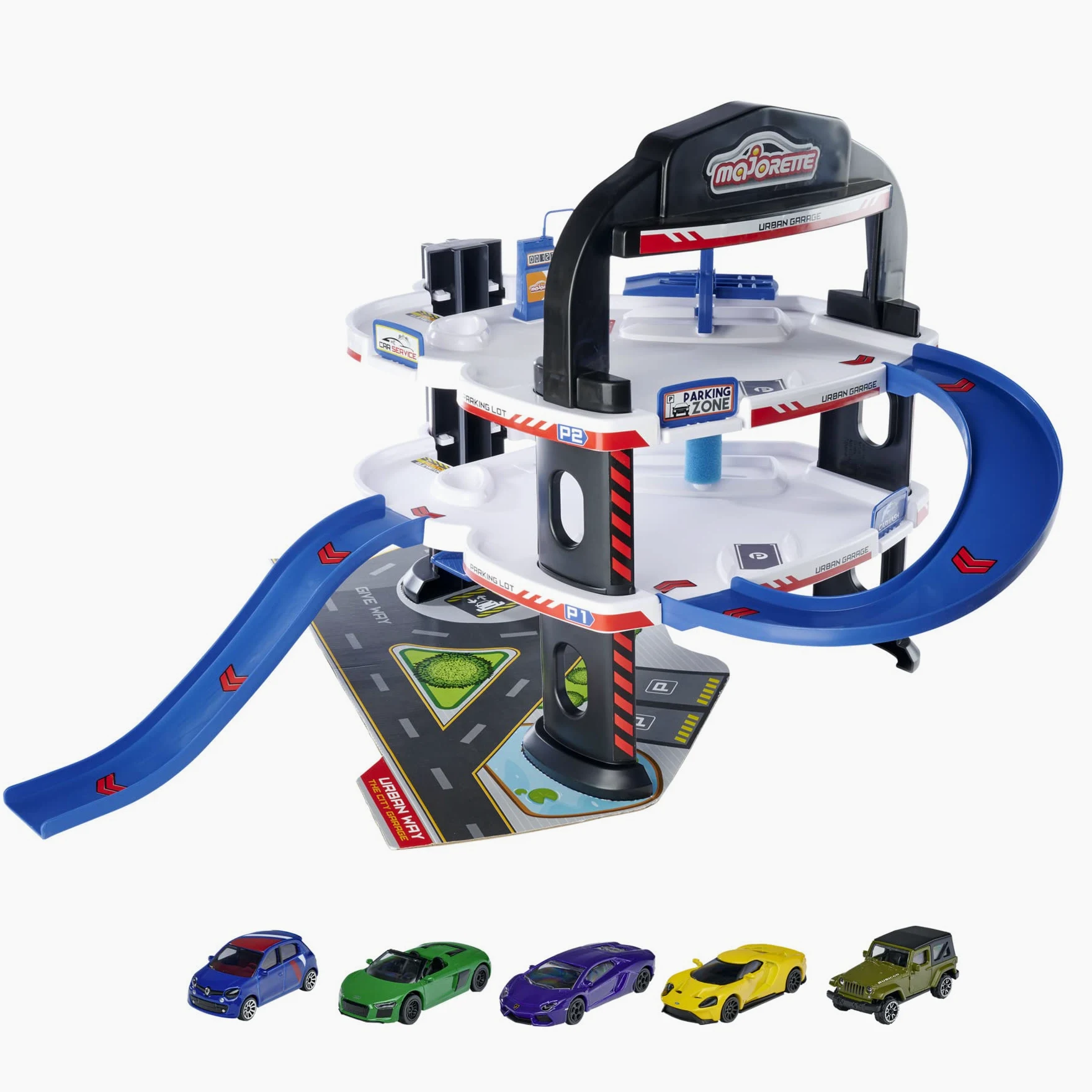 Majorette - Urban Garage, parcheggio a 3 Livelli con Ascensore, Autolavaggio e Pompa di Benzina, Include 5 Auto in Die-Cast in Scala 1:64, dai 3 anni