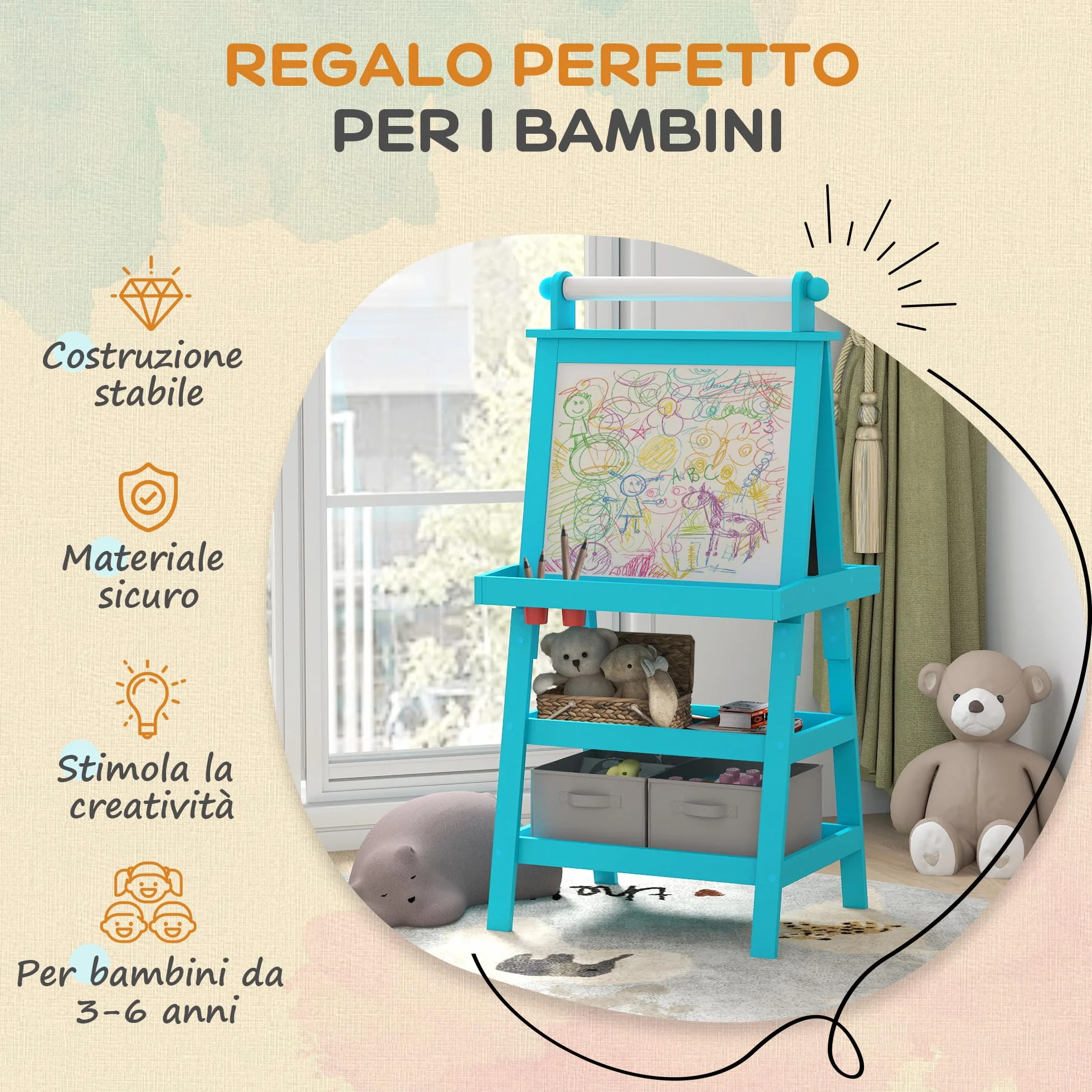 AIYAPLAY Lavagna Magnetica per Bambini a Doppia Facciata con Cavalletto in Legno, Bianco e Nero, Rotolo di Carta e 2 Contenitori, 3-6 Anni
