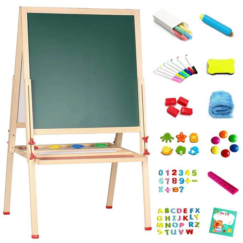 Lavagna per bambini a doppio lato 3 in 1 set 30 accessori legno magnetico bianco nero cavalletto 3-12 anni
