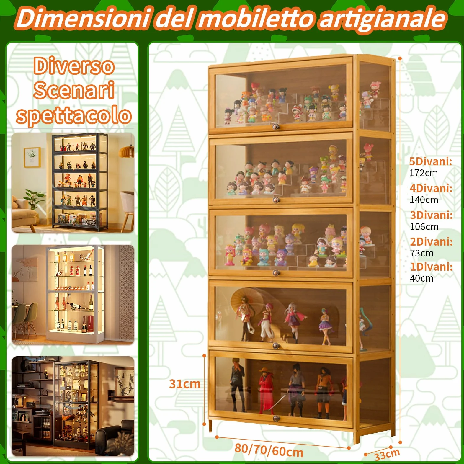 Vetrina Espositiva Per Collezionismo,Vetrina multifunzionale in bambù, Design Della Porta dell'armadio a Ribalta,Vetrinetta Espositiva per Uffici, Camere da Letto, Soggiorni