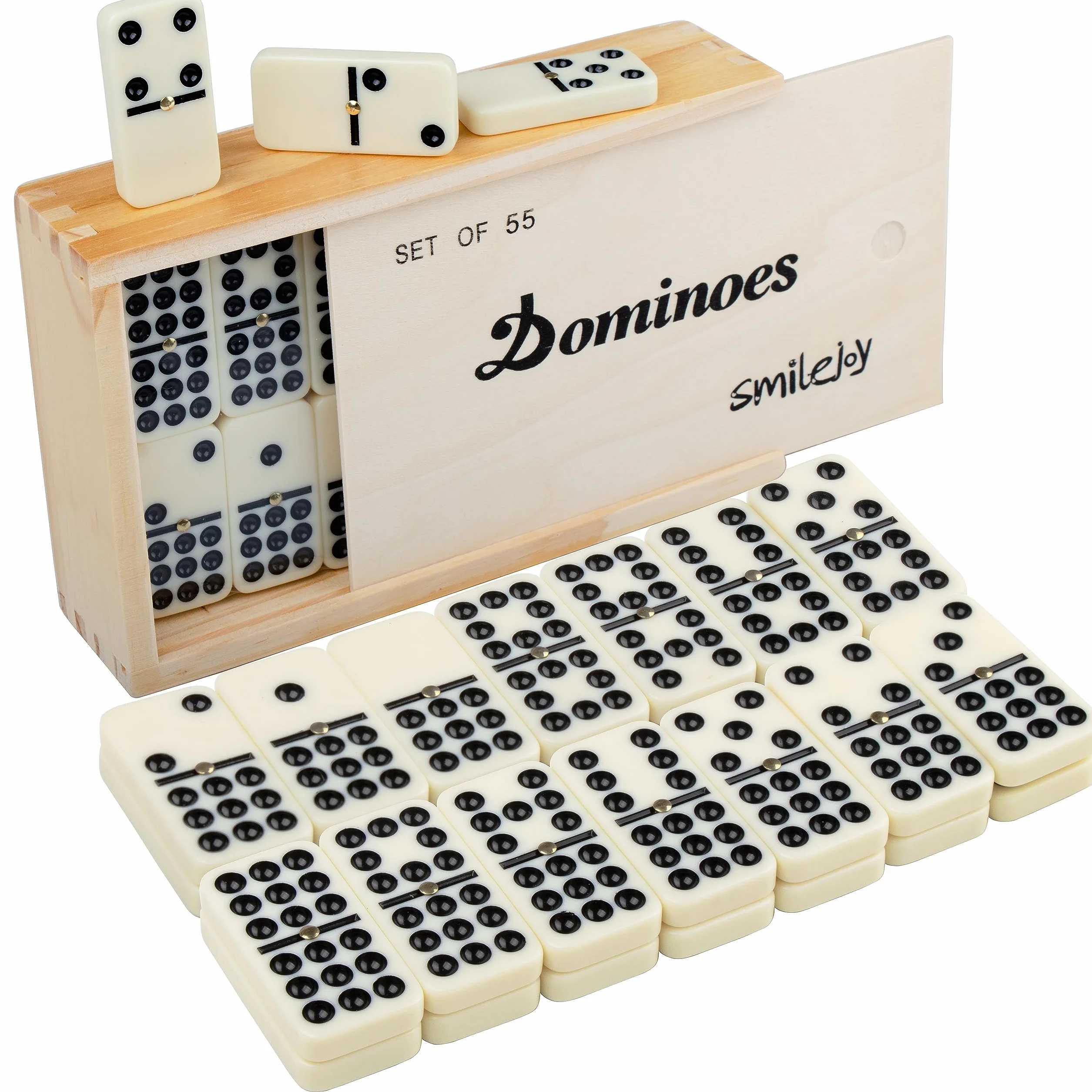 Smilejoy Set domino per adulti, doppio nove Domino Set per giochi da tavolo classici, Domino Double 9 per giochi di famiglia con custodia in legno naturale con spinner 55 pezzi