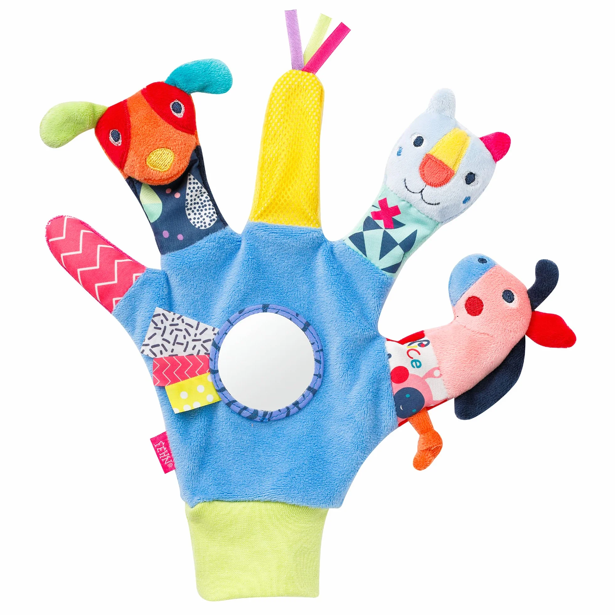 Fehn Color Friends Guanto da gioco con sonaglio e squeaker per bambini 0+ mesi