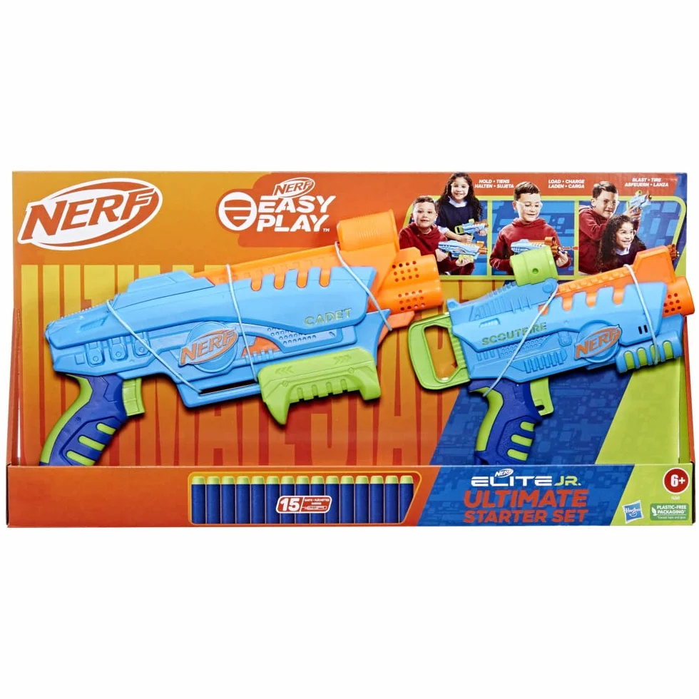 Nerf Elite Jr - Set Ultimate Starter, 2 blaster in gommapiuma facili da usare, 15 dardi Nerf Elite, 2 bersagli, per giochi all'aperto