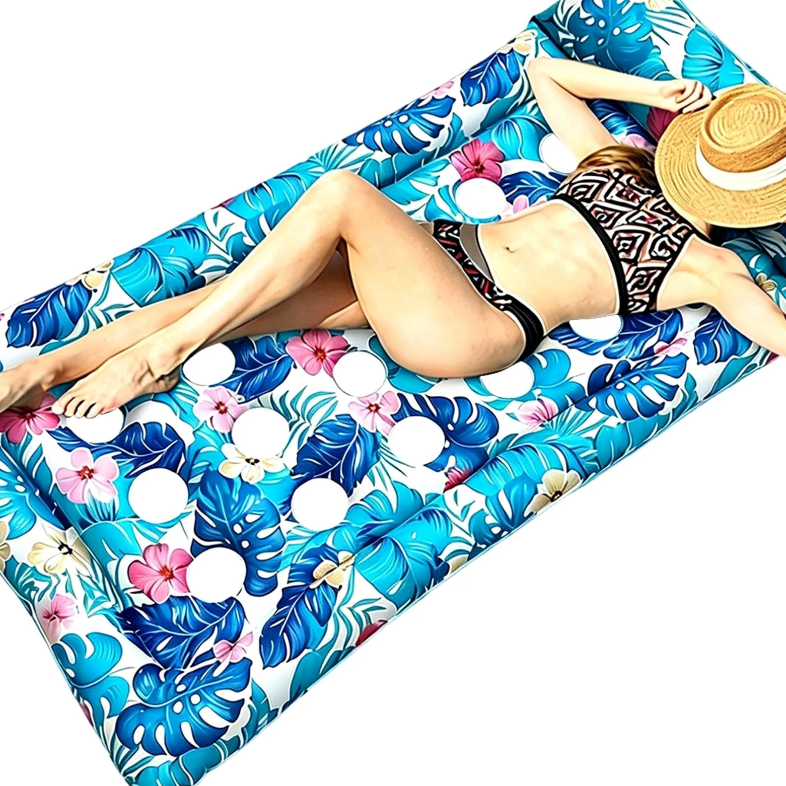 Lettino gonfiabile da piscina con stampa di foglie tropicali | Poltrona gonfiabile da piscina con poggiatesta in PVC, adatta per donne, bambini, prendere il sole, sport acquatici e vacanze