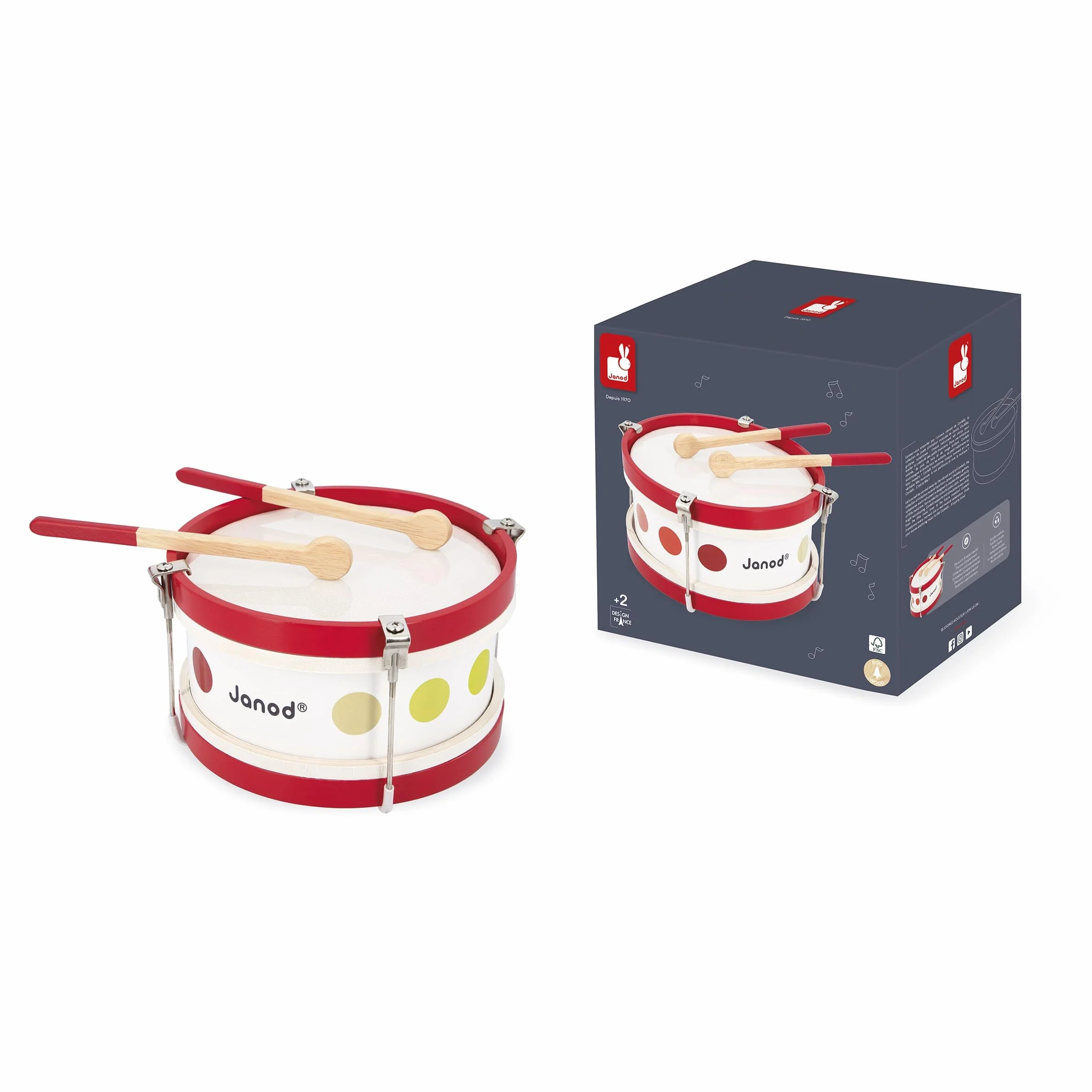 Janod - Il Mio Primo Tamburo Coriandoli (Legno), Strumento Musicale per Bambini, Giocattolo Di Imitazione e Risveglio Musicale - Da 2 Anni in su, J07608