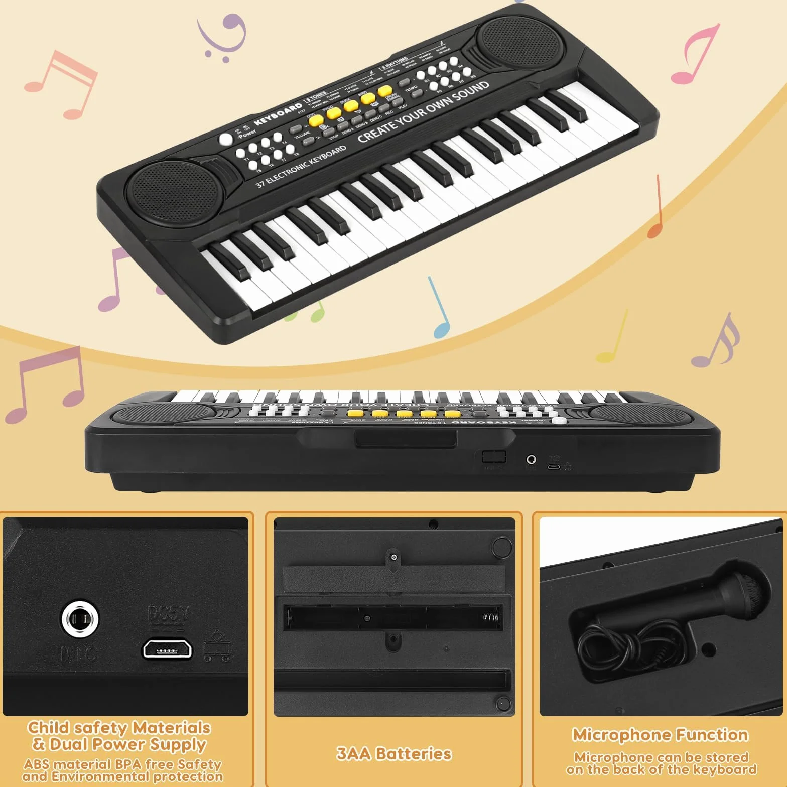 Pianola Musicale per Bambini - Tastiera Elettronica Portatile 37 Tasti Multifunzione - Mini Tastiera Giocattolo Educativo - Regalo per 3-8 Anni