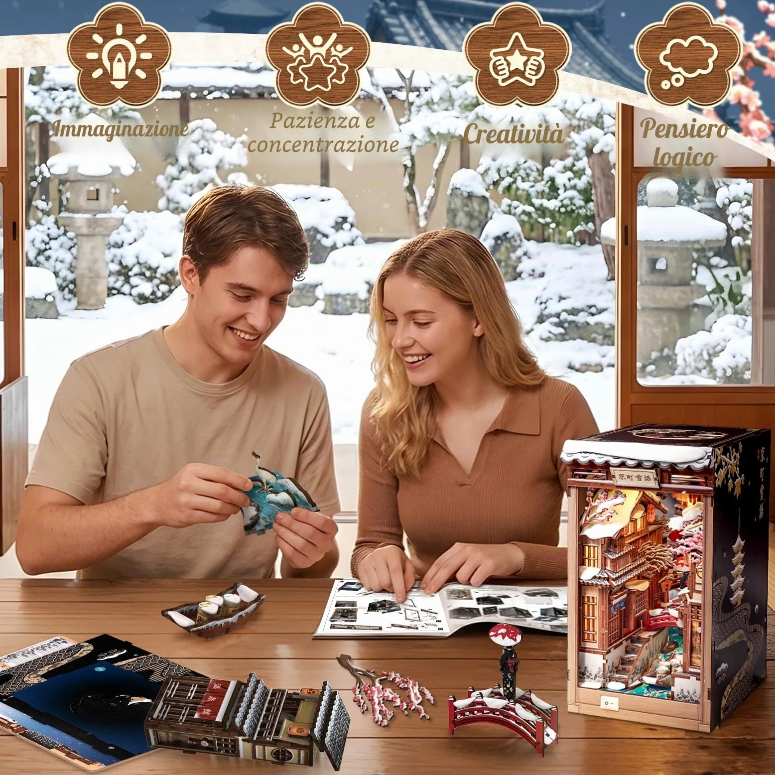 CUTEBEE Book Nook Kit - Casa delle bambole fai da te da costruire per adulti, puzzle 3D in legno con LED, scena invernale a Kyoto, decorazione per biblioteca, regali fatti a mano (Kyoto Snow Whisper)