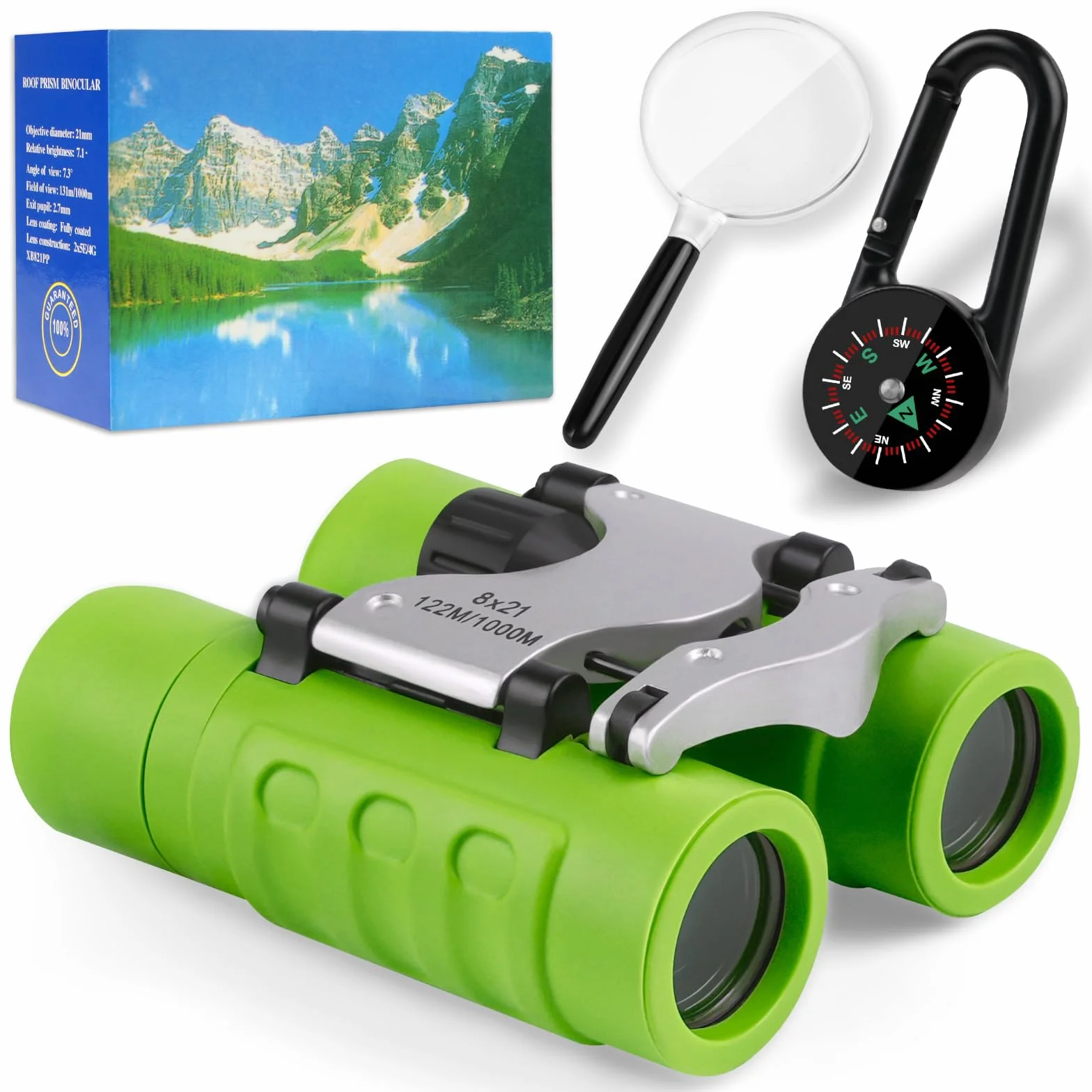 OSDUE Binocolo per Bambini, 8x21 Ingrandimento Binocolo,Portatile Bambini Binocolos, Kit Esploratore Cannocchiale per 3-6 Bambino Bambina con Bussola e Lente D'Ingrandimento, per Bird Watching (Verde)