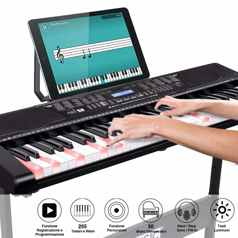 Bakaji Tastiera Musicale Pianola Elettronica 61 Tasti Luminosi Pianoforte Multifunzione con Supporto Sgabello e Cuffie 255 Ritmi50 Brani Ingresso AUX e Leggio per Smartphone/Tablet