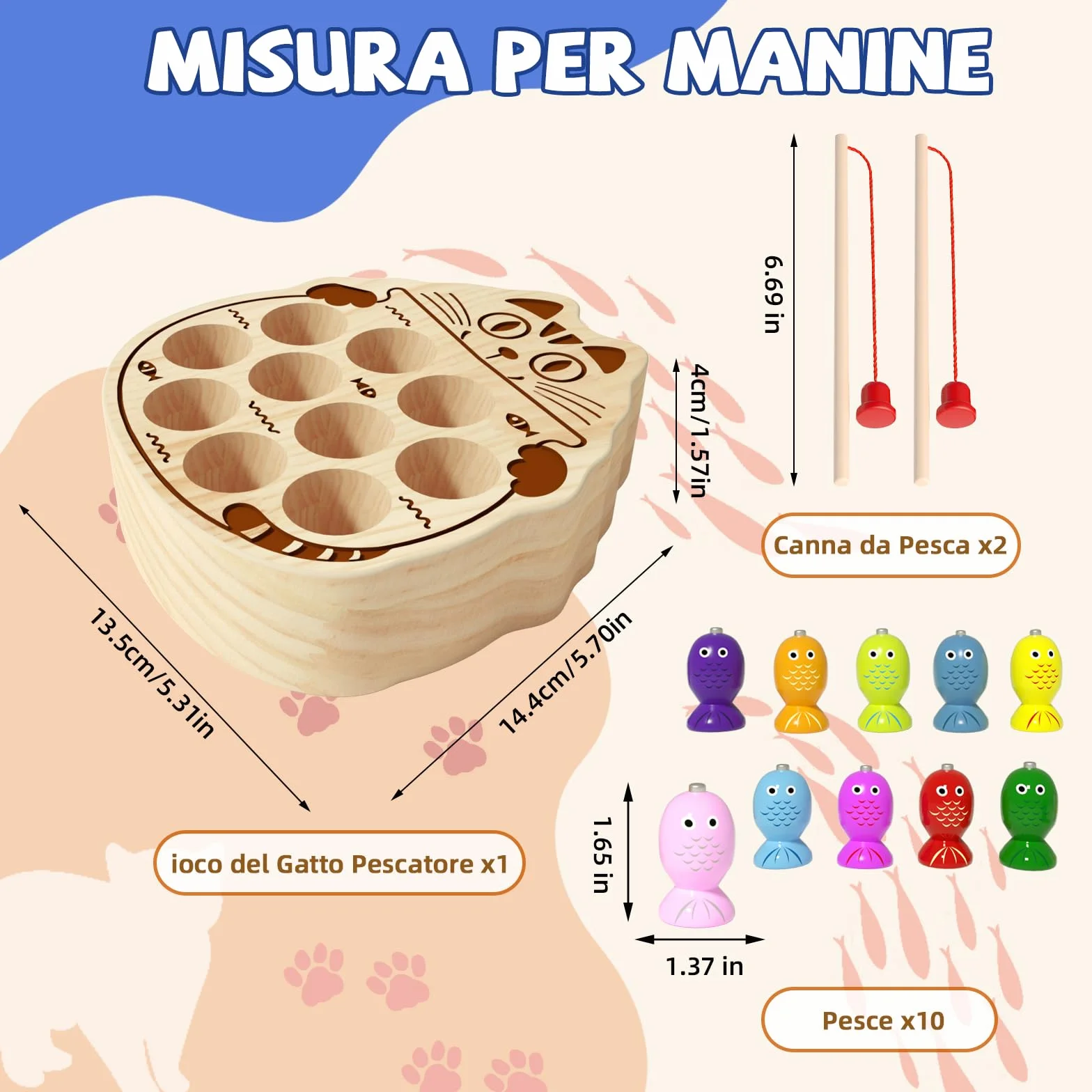 Giochi Montessori 2 Anni, Gioco Pesca Pesci Calamita 3 Anni con 10 Pesci 2 Canne da Pesca, Regalo Bambino per 2 3 4 Anni (Pesca al Gatto Carino)