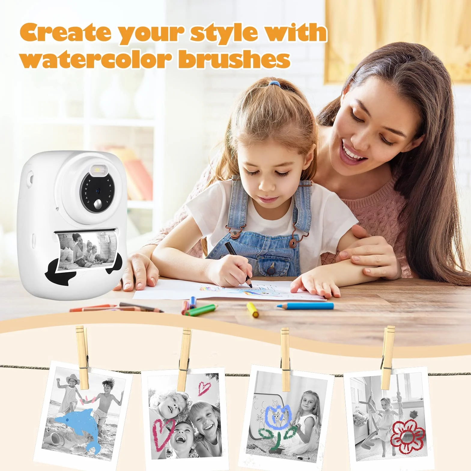 Fotocamera per Bambini, 30 MP, Doppia Fotocamera, Stampa in Bianco e Nero, Schermo da 2,4 Pollici, Scheda TF da 32 GB, Bianca