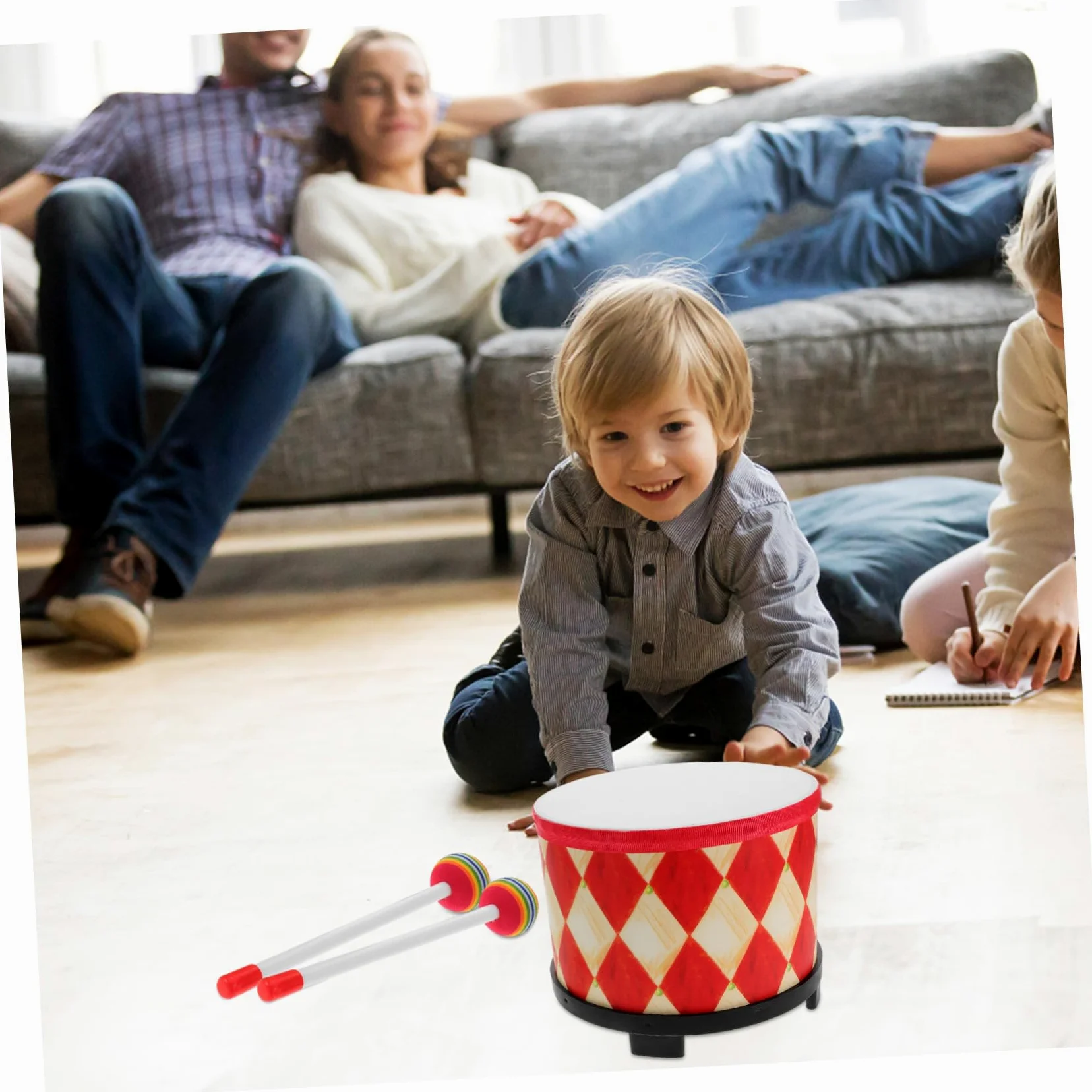 Tamburello a Mano Tamburo Musicale per Bambini Piccoli 20 Cm con Design Rosso a Griglia per Gioco Educativo Individuale e Attività di Gruppo