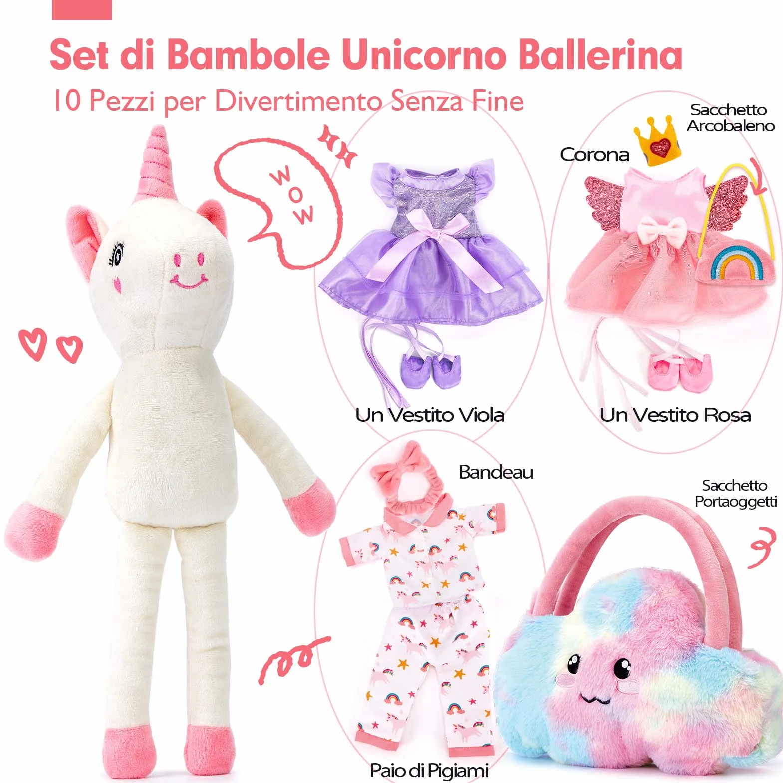 hahaland Regalo Bambina 3-6 Anni, 10 PCS Set di Unicorno Bambina Regalo con Unicorno Peluche, Borsa e 3 Abiti, Vestire la Bambola Giochi Bimba 3 4 5 6 Anni Femmina