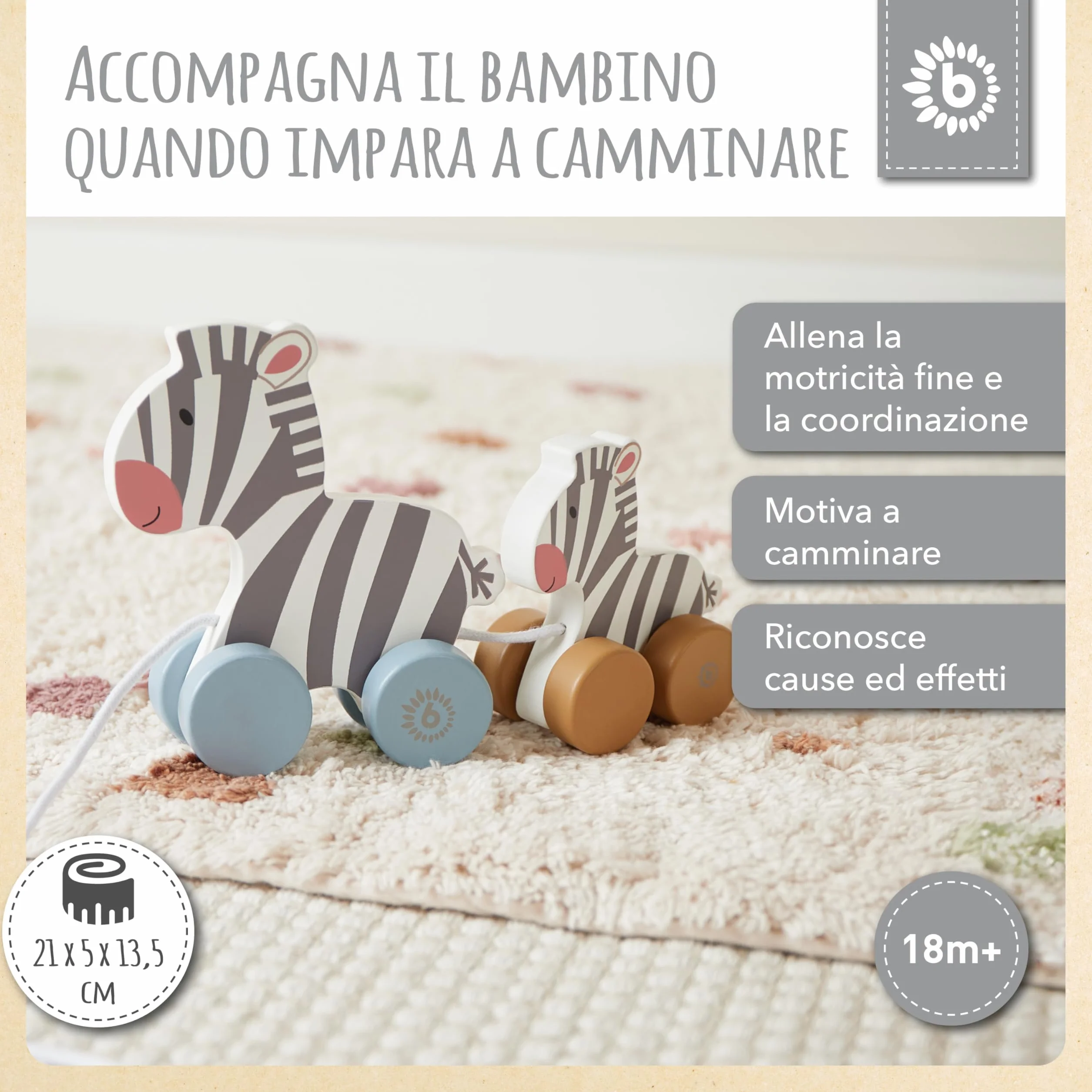Bieco Giocattolo da Tirare in Legno - Carino Animale Zebra per Bambino a partire da 1 anno - Famiglia zebra