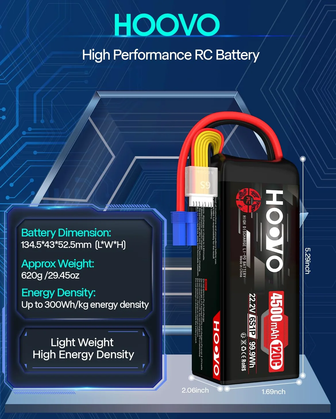 HOOVO 6S Lipo Batteria 22.2V 4500mAh 120C RC Custodia Morbida con Spina EC5 per 70mm 80mm 90m EDF RC Auto Camion Buggy RC Quadcopter Elicottero Aereo da Corsa Drone Classe X Drone da Corsa (2 Pezzi)