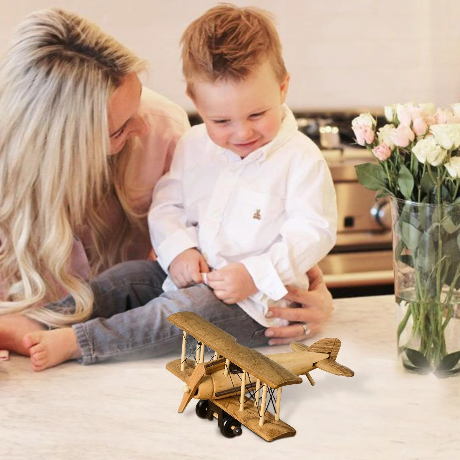 Aeromodello in Legno Teksome, Modello Artigianale di Aereo Vintage da Tavolo, Regalo di Compleanno per Bambini