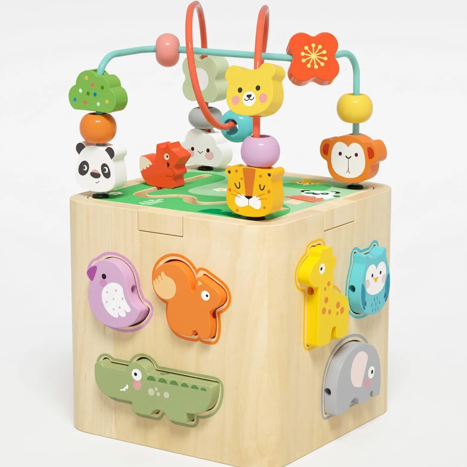 Giocattolo Educativo per Bambini Cubo Sensoriale Legno Percorso Perline Rotelle Ingranaggi Puzzle Rotante Abbinamento Forme Sviluppo Abilità Motorie