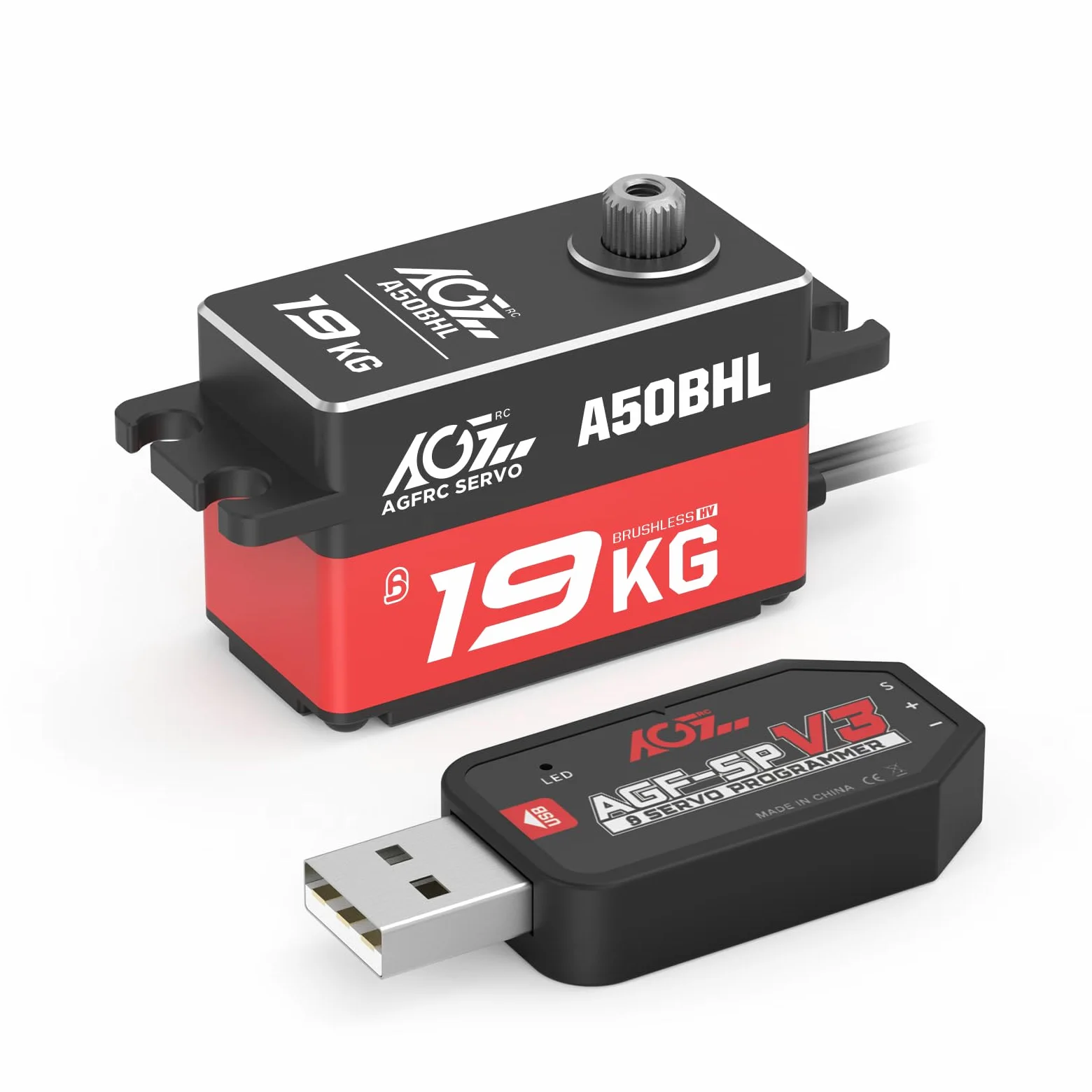 AGFRC Servo digitale programmabile ad alta coppia a basso profilo da 19 kg - Servo senza spazzole per ingranaggi in metallo per modelli RC 1/10, angolo di controllo 180 ° (A50BHL e AGF-SPV3)