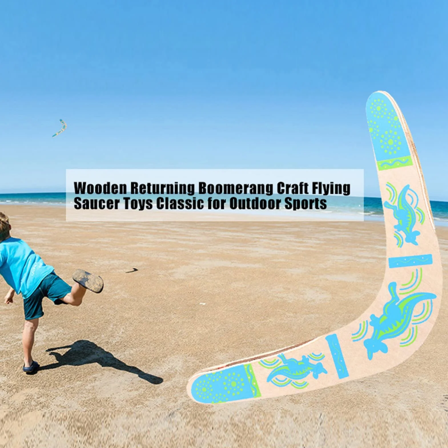 Wakects Boomerang in Legno a Forma di V, Disco Volante per Bambini, Gioco Sport all'Aria Aperta, Blu