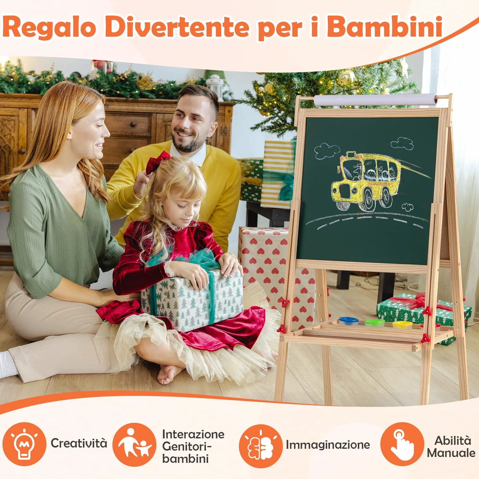 Cavalletto per Bambini in Legno Altezza Regolabile Doppia Faccia con Rotolo di Carta 2 Vassoi 4 Tazze