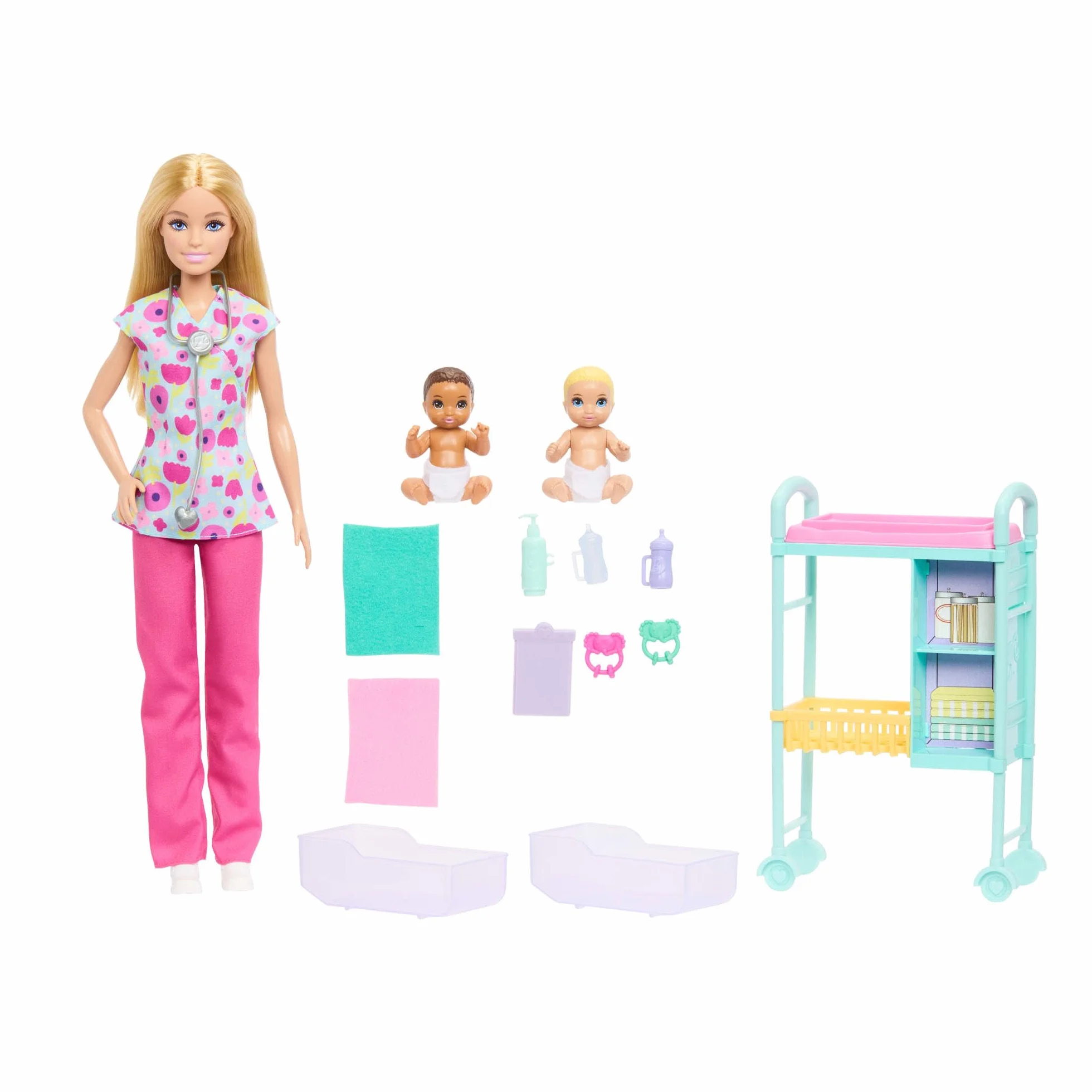 Barbie Carriere - Pediatra, set con bambola bionda con camice a fiori colorato, 2 mini bambole neonati, lettino per le visite e accessori a tema inclusi, 3+ anni, JMK12