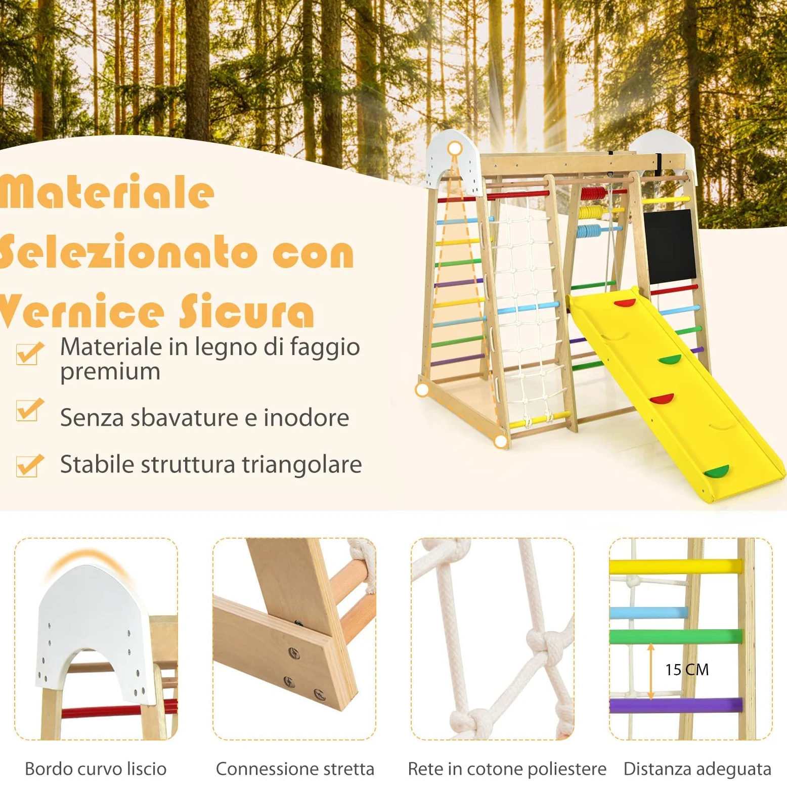 RELAX4LIFE 8 in 1 Triangolo da Arrampicata Multifunzione, Parco Giochi in legno Massello con Scivolo, Altalena e Lavagna, Uso Interno, per Bambini 1 a 5 anni (Modello 3 Colorato)