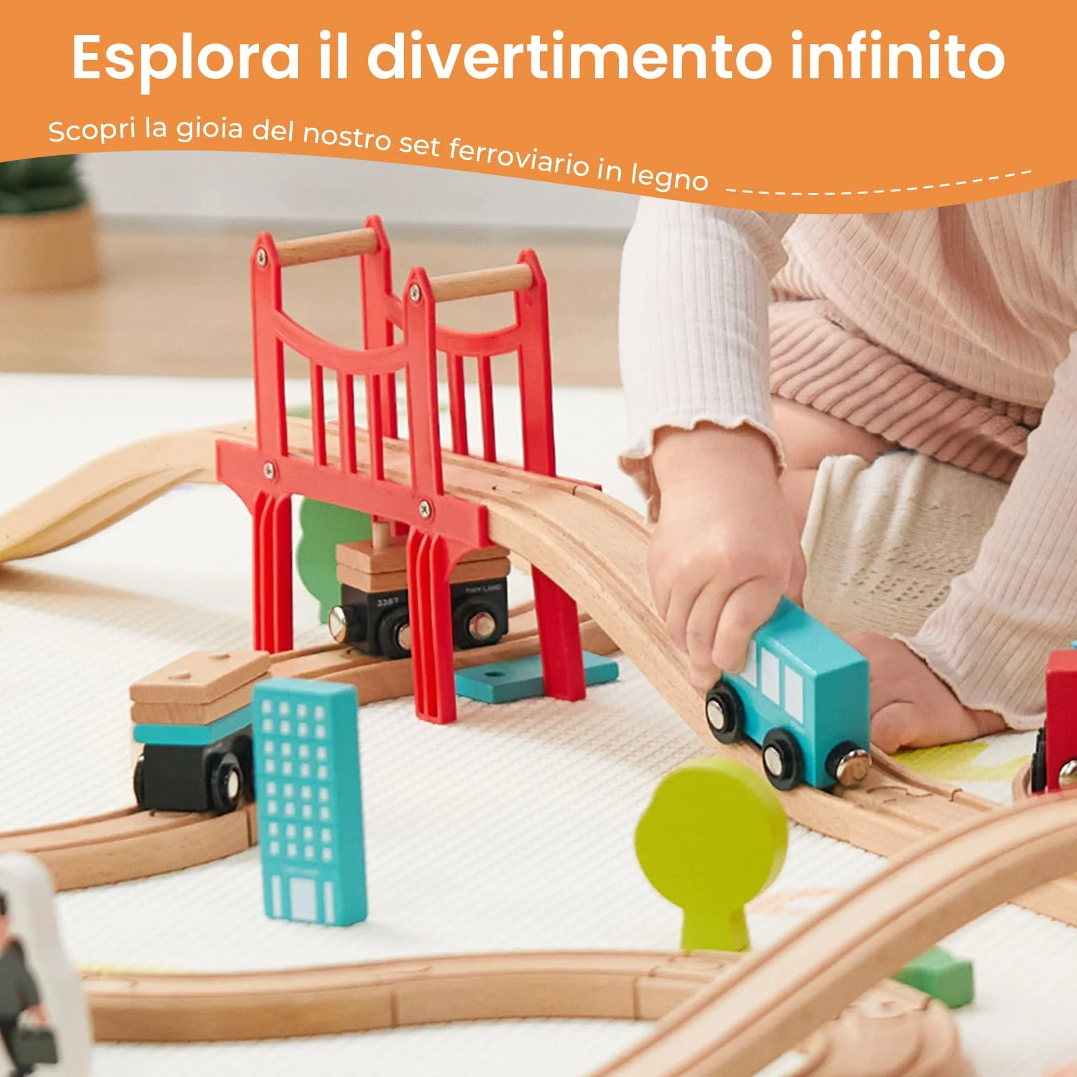 Tiny Land Pista Treno in Legno, Set Ferrovia in Legno (39 pcs) Pista Macchinine giochi legno bambini trenino natale