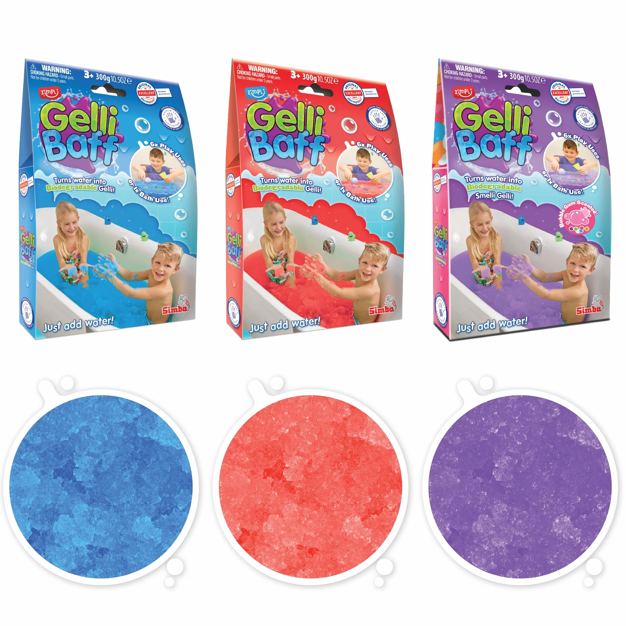 ZIMPLI - 3 x Gelli Baff Confezione, Blu, Rosso e Verde, trasforma magicamente l'acqua in una melma densa e colorata, Giochi di compleanno per bambini e bambine dai 4 ai 9 anni
