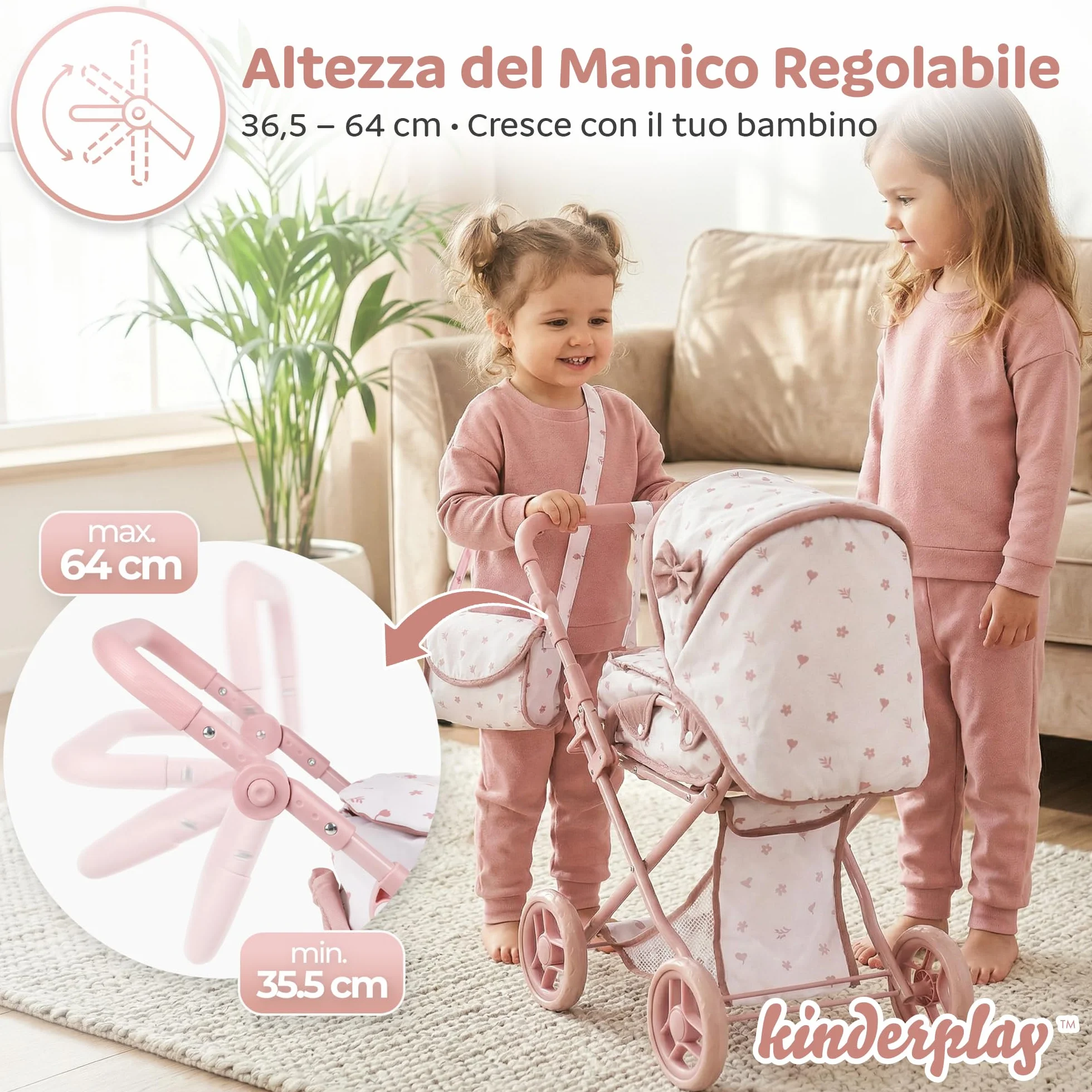 Kinderplay Passeggino per bambole 3 in 1 rosa con borsa per il trasporto – Passeggino regolabile in altezza 36,5 – 64 cm, pieghevole, ruote in schiuma silenziose, per bambole fino a 40 cm, dai 3 anni