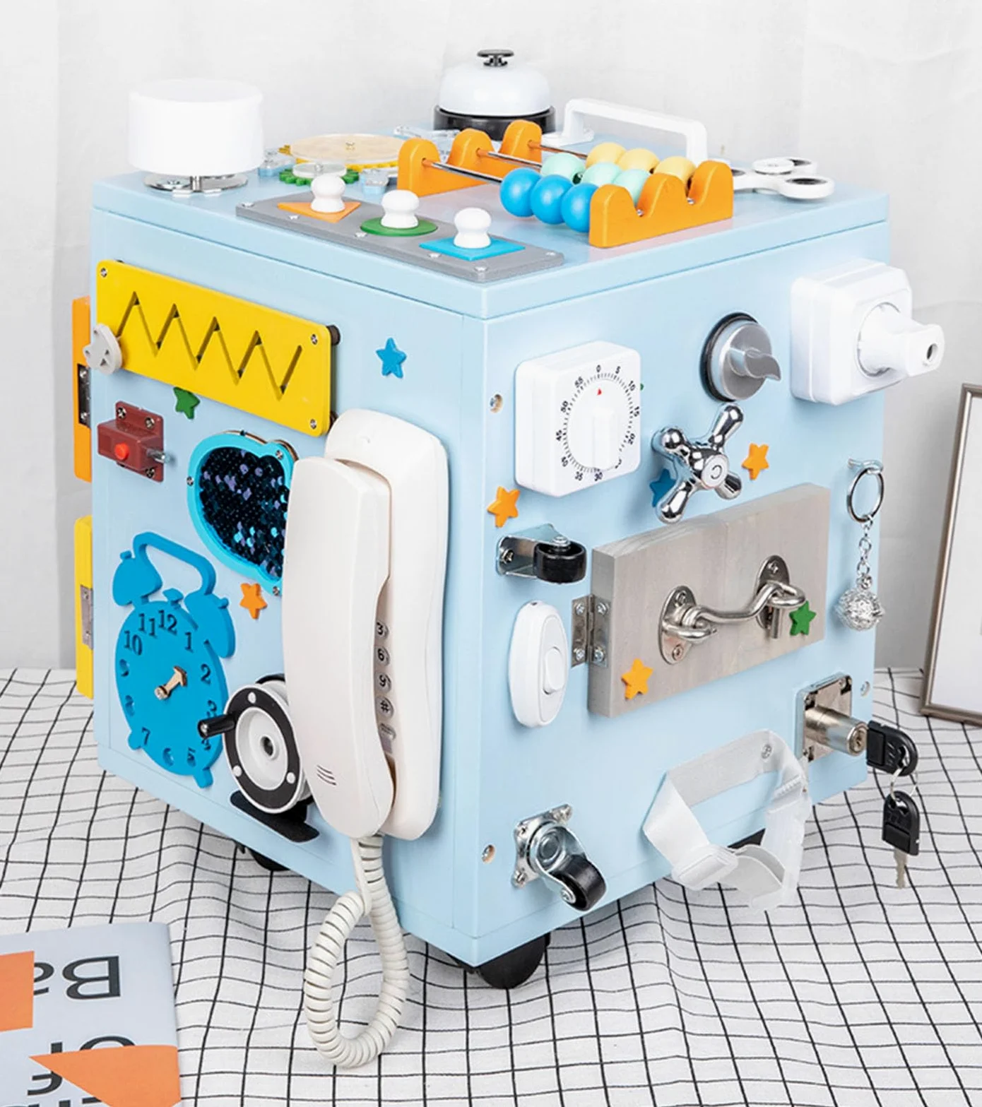 Tavola attività Montessori Busy Cube, Giocattolo Sensoriale in Legno per Bambini, Scatola Busy Multifunzionale,Blu