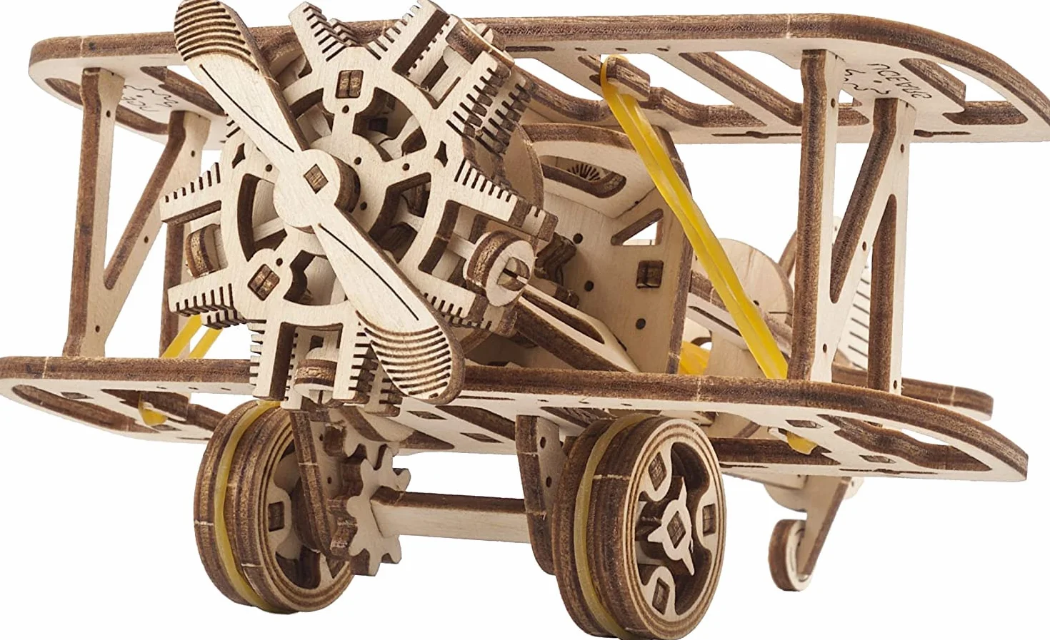 UGEARS Mini Biplano Puzzle 3D in Legno - Kit Modello Meccanico in Legno da Costruire - Puzzle Fai da Te Giocattolo Aeroplano con Motore Modello - Rompicapo Set da Costruzione per Adulti e Bambini