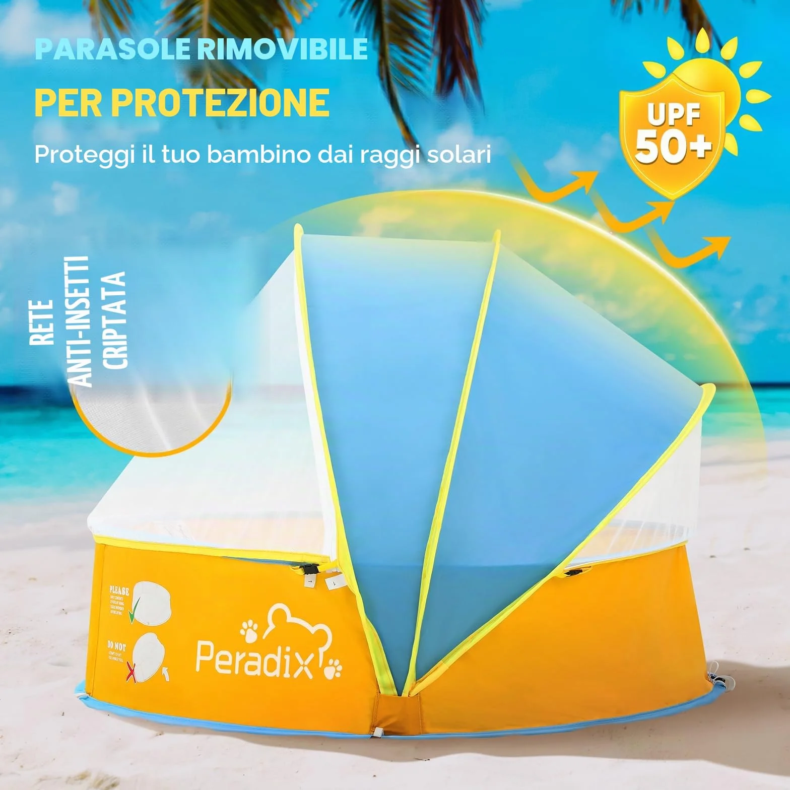 Peradix Piscina per bambini 4 in 1, con protezione dai raggi UV, tenda da spiaggia con zanzariera, tenda da gioco portatile, per la protezione solare estiva per anni (blu e giallo)