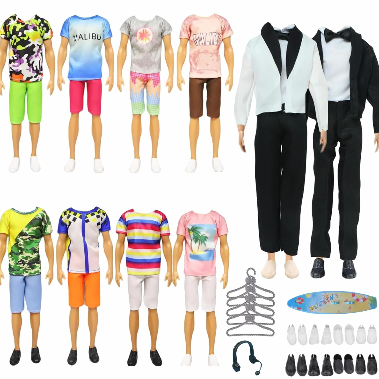 Generic 26 pezzi vestiti per bambole compatibili con Ken: tuta, abbigliamento casual, pantaloni, scarpe, appendiabiti, auricolare, paddle board per bambole da 11,5 e 12 pollici, tema spiaggia