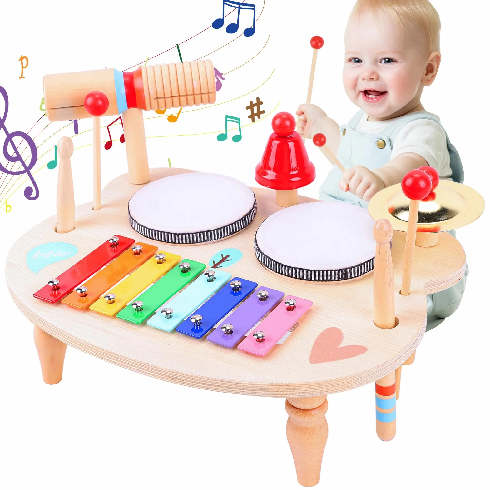 YGJT Strumenti Musicali Batteria per Bambini Tamburo Bambino 1 2 3 4 5 Anni , 10 in 1 Xilofono Giocattolo Musicale Legno,Giochi Montessori 1 anno, Regalo Bambina Bambino per Compleanno,Natale,Pasqua