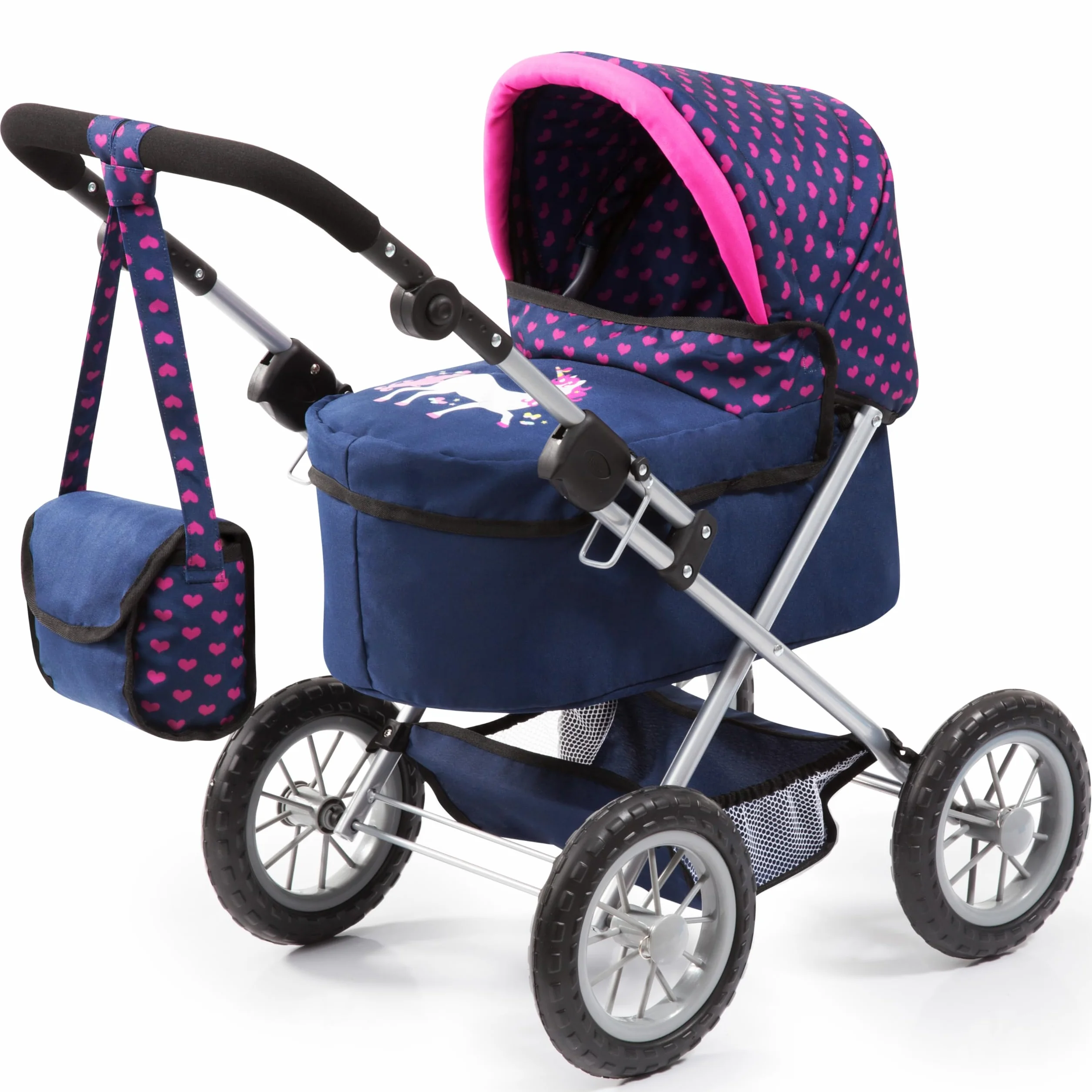 Bayer Design 13054AA Carrozzina per Bambole e Bambolotti, Passeggino per Bambola con borsa, pieghevole, regolabile in altezza blu con unicorno