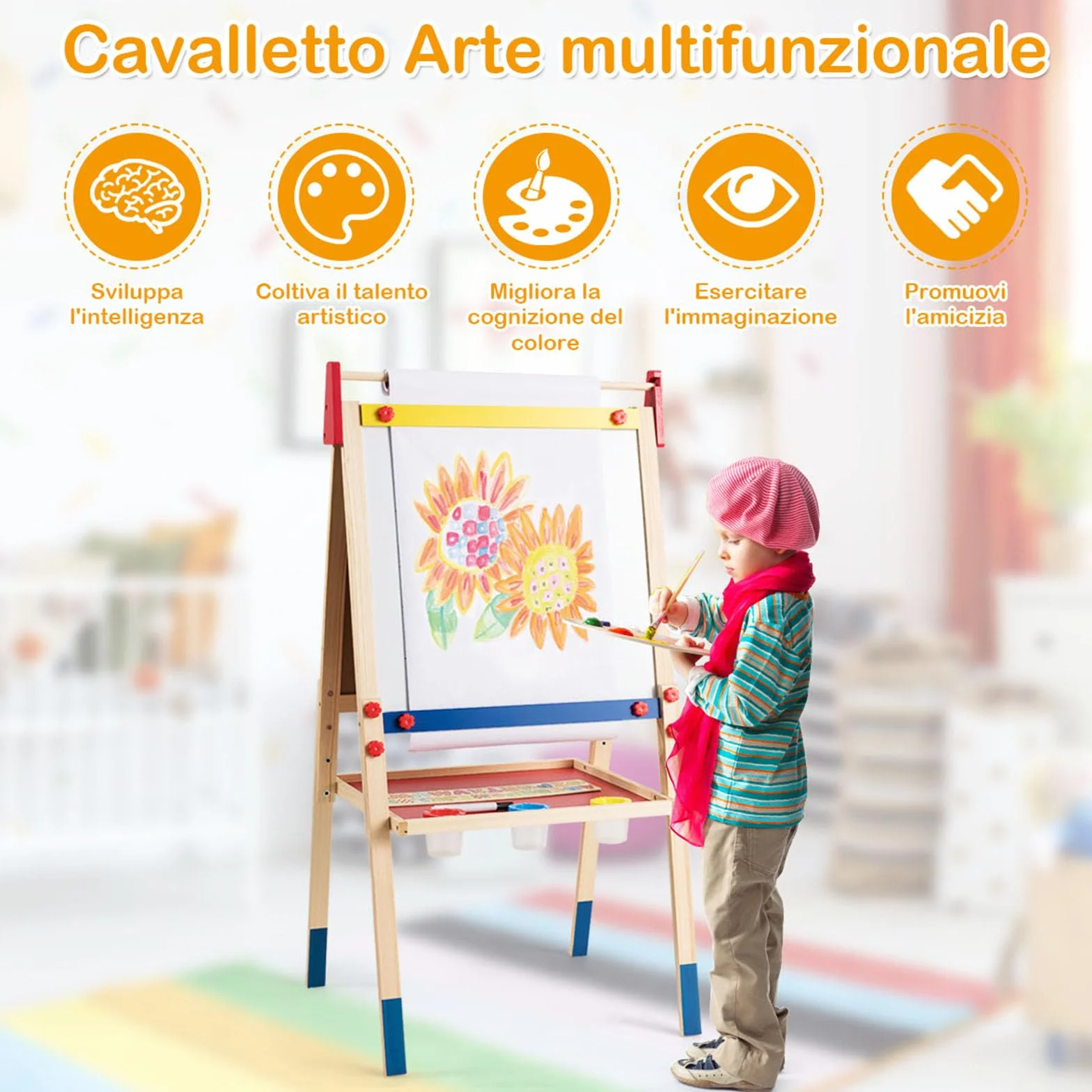 COSTWAY Cavalletto per Bambini 3 in 1, Lavagna Bifacciale, Legno (60x55x112,5-124,5 cm)