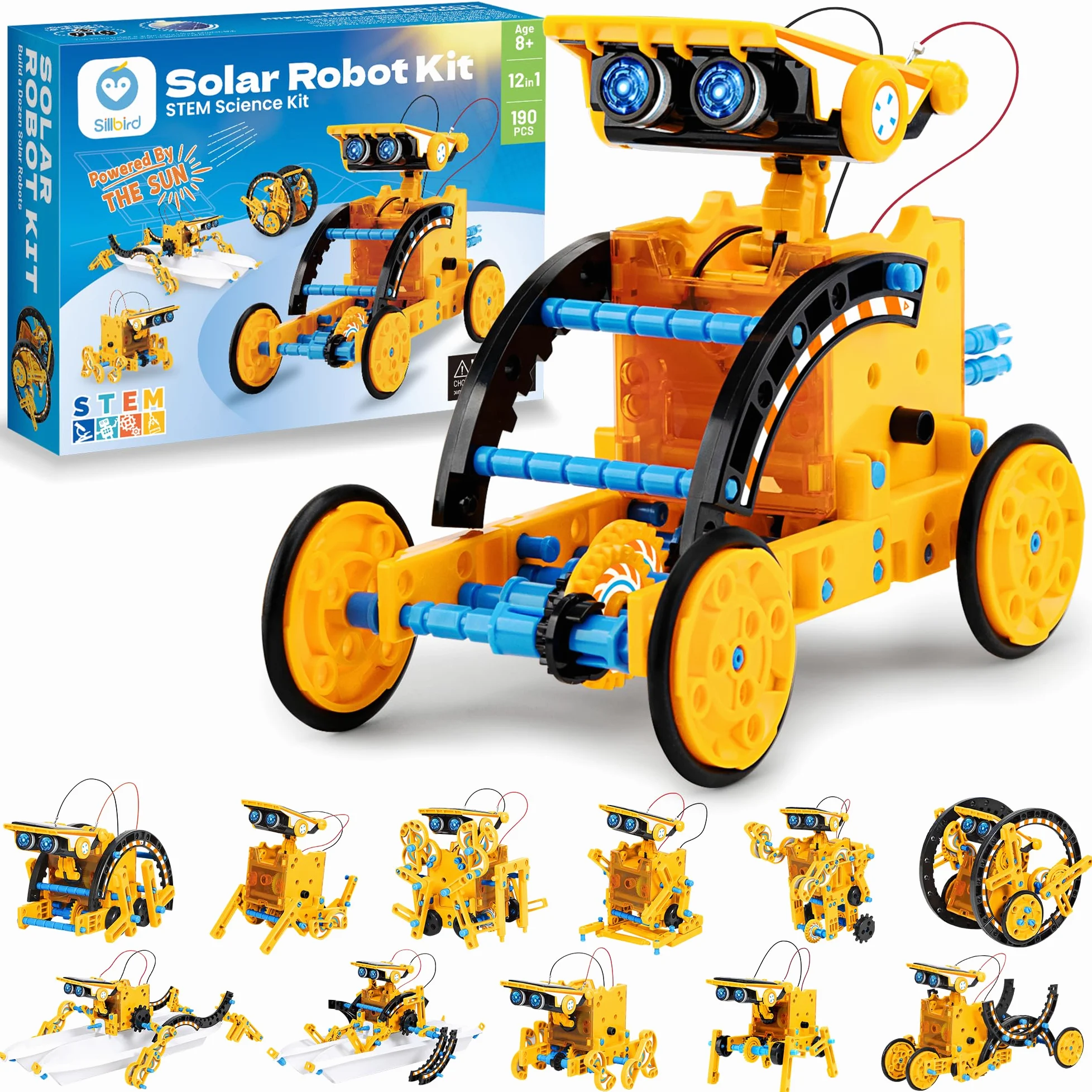 Sillbird 12 in 1 Kit Robot Solare STEM Regalo per Ragazzi da 8 a 12 anni | Giochi di Costruzione di Natale e Compleanno e Giocattoli Scienziati Educativi Set Robotica Solare 190 Pezzi