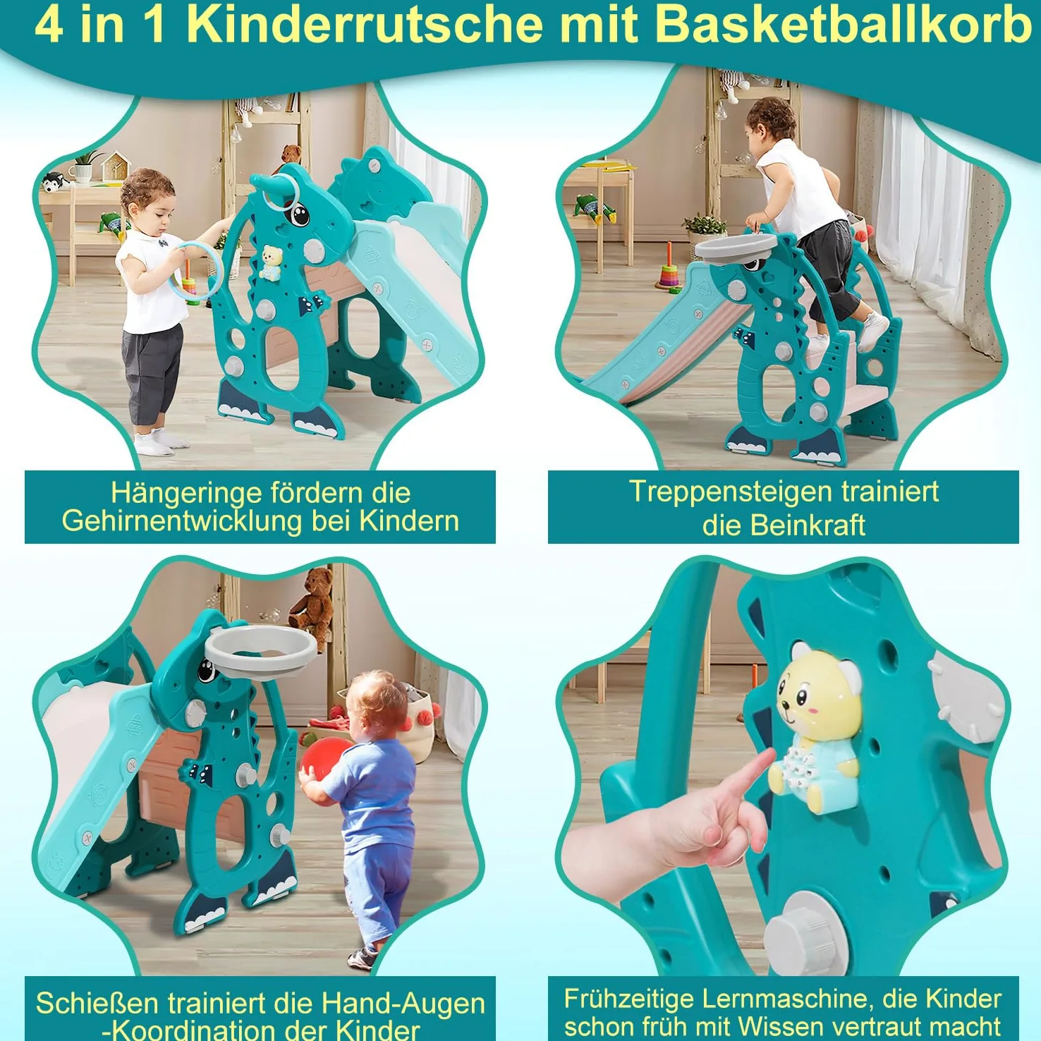 Scivolo per bambini 4 in 1 – con Cestino da basket & Giochi educativi, Scivolo pieghevole per interni ed esterni, da 1 a 3 anni, Verde