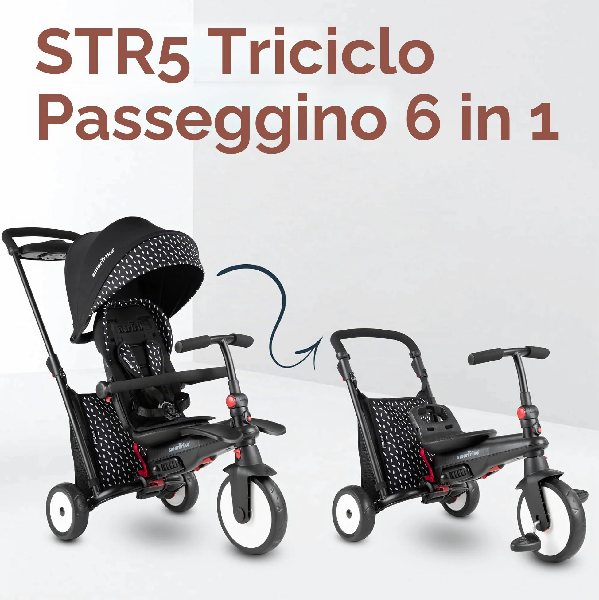 smarTrike STR5 - Trike pieghevole per bambini, con certificazione per passeggino da 1 a 3 anni, 7 in 1, multi-stadio (nero e bianco)