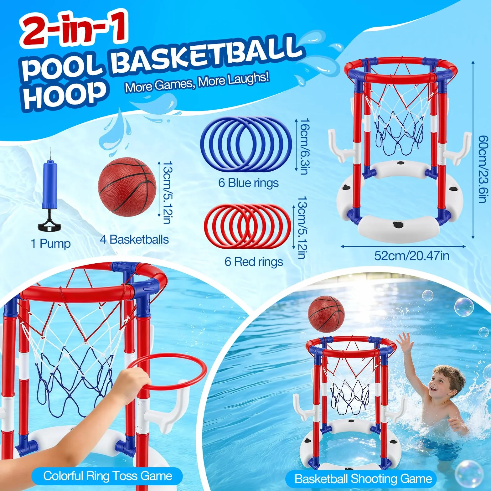 Canestro da Basket per Piscina 2-in-1, Galleggianti per Piscina per Bambini e Adulti, con 4 Palloni 12 Anelli, Gioco Acqua Cerchi da Lancio, Canestro Basket Bambini per Estate e Divertimento in Acqua