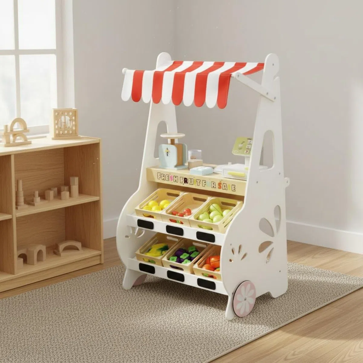 Children Play Store Banchetto Negozio Frutta Bambini Banco Mercato Chiosco Legno con Ruote E Cassetto Ghiaccio Area Cassa E Accessori Inclusi Adatto