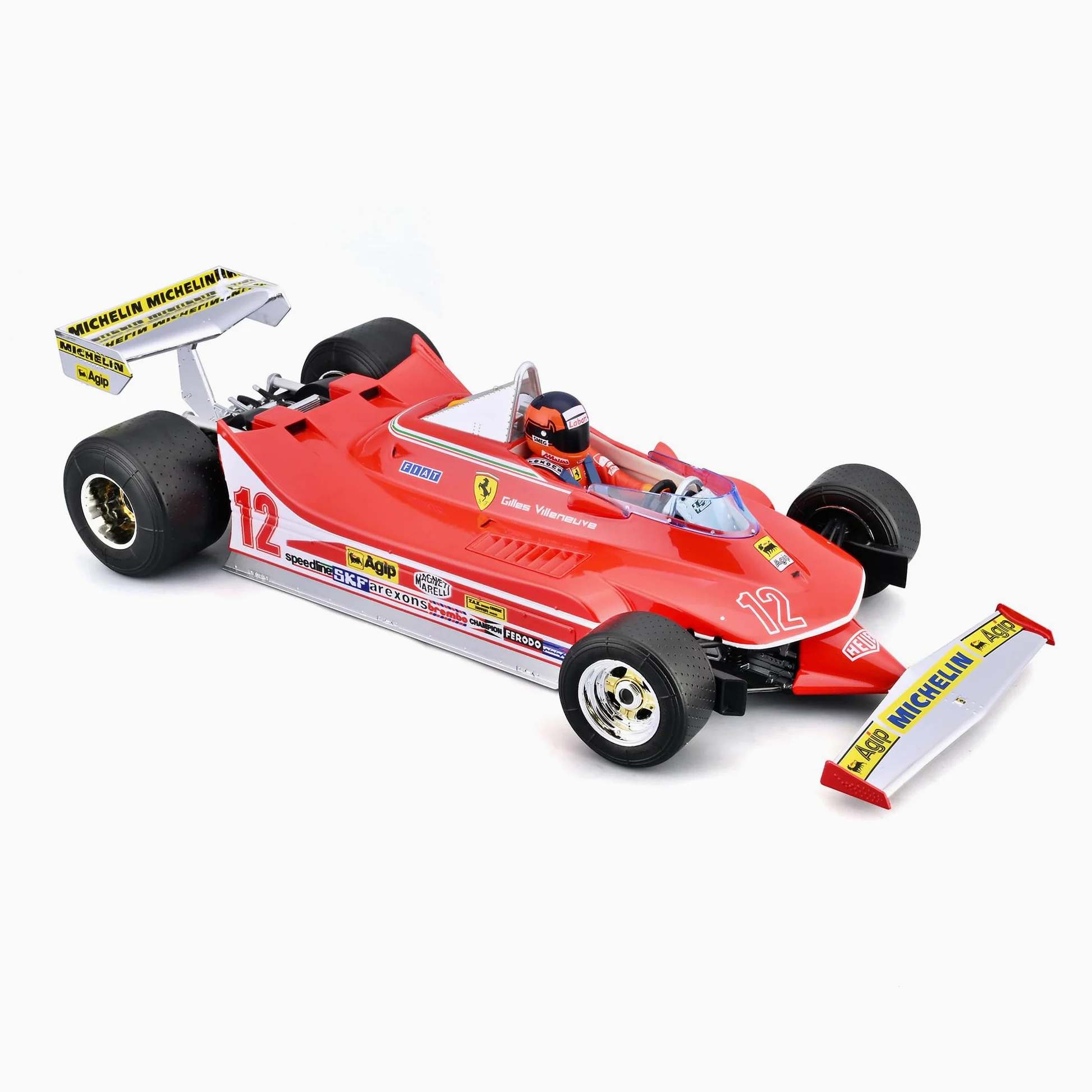Bburago - Ferrari 312 T4 GP South Africa Winner 1979#12 Gilles Villeneuve, Modellino Auto in Scala 1:18, Replica Storica con Pilota, Dettagli Curati, Licenza Ferrari, Età Consigliata 14+ Anni