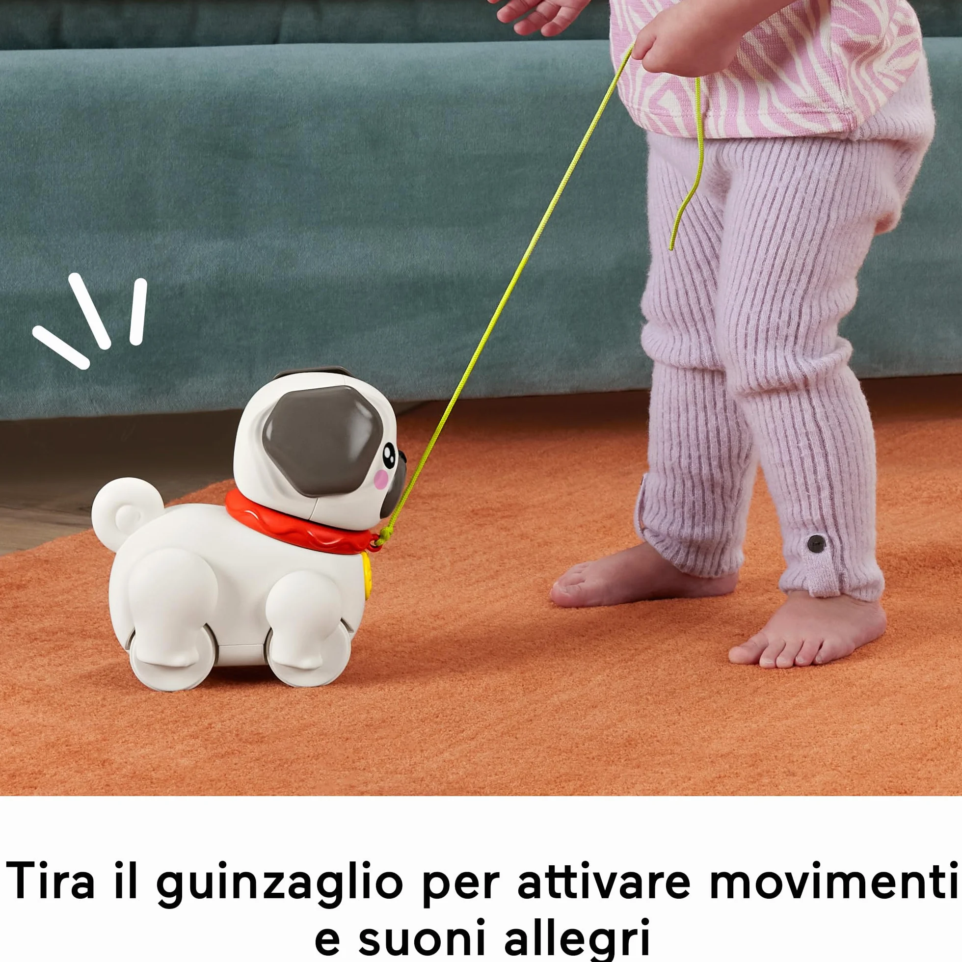 Fisher-Price Pets - Carlino Cammina con Me, Cucciolo trainabile con guinzaglio e Suoni, incoraggia a Camminare e abbaia con Il Movimento, giocatolo per Bambini, 12+ Mesi, HTW94