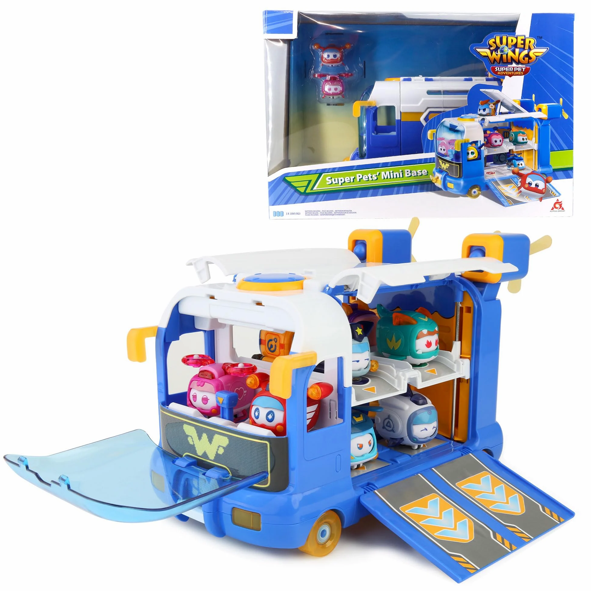Super Wings 2-in-1 Super Pets Mini Base con Super Pet Jett & Dizzy, Aereo Giocattolo per Bambini 3 4 5 6 7 8 Anni Ragazzo Ragazza