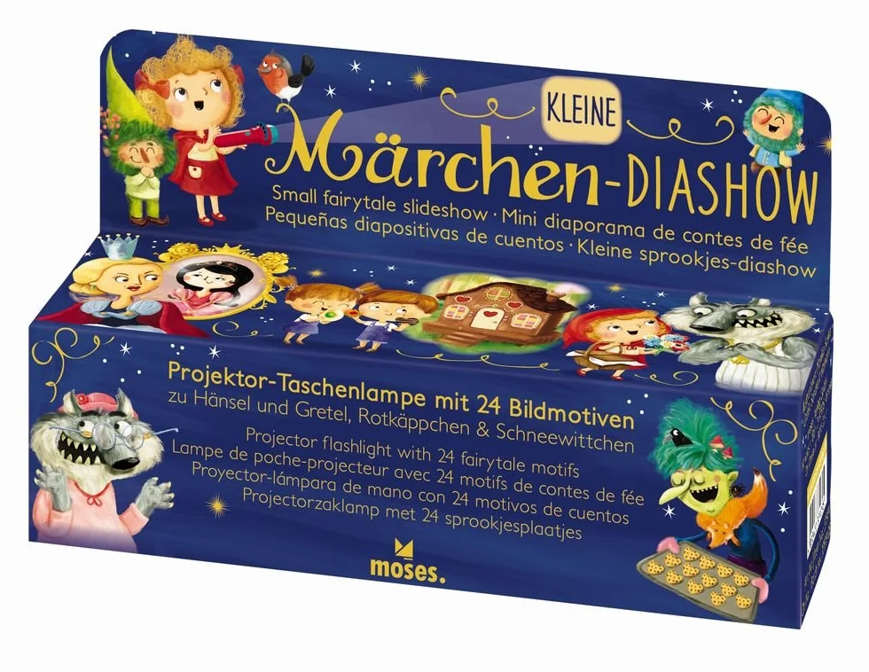 moses 37979 Piccola Presentazione, Torcia proiettore per Bambini, con 3 Fiabe in 8 Immagini da raccontare